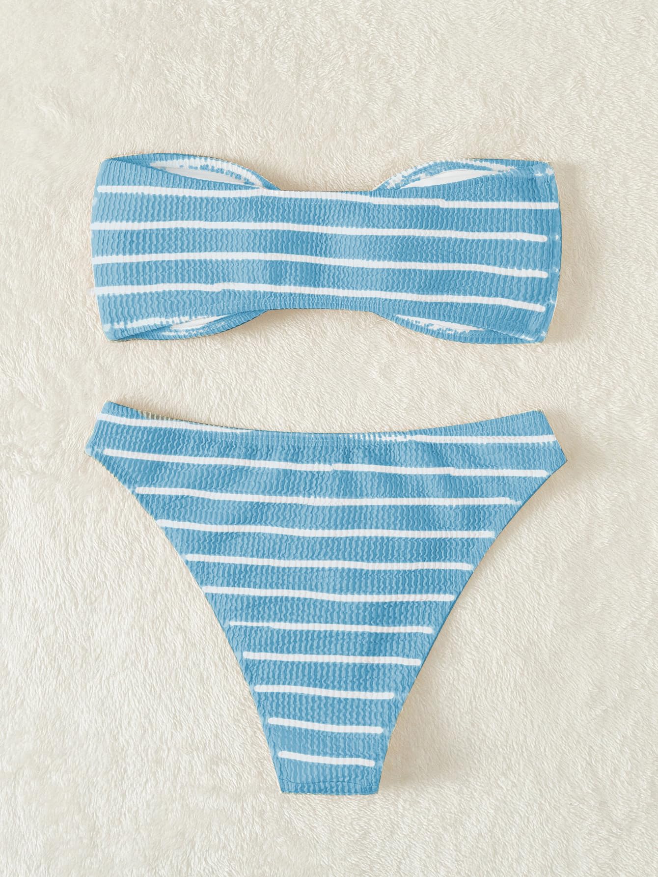 Women's 2 Piece Strapless Swimsuit Striped Bandeau High Waisted Thong Bikini Set Bathing Suit