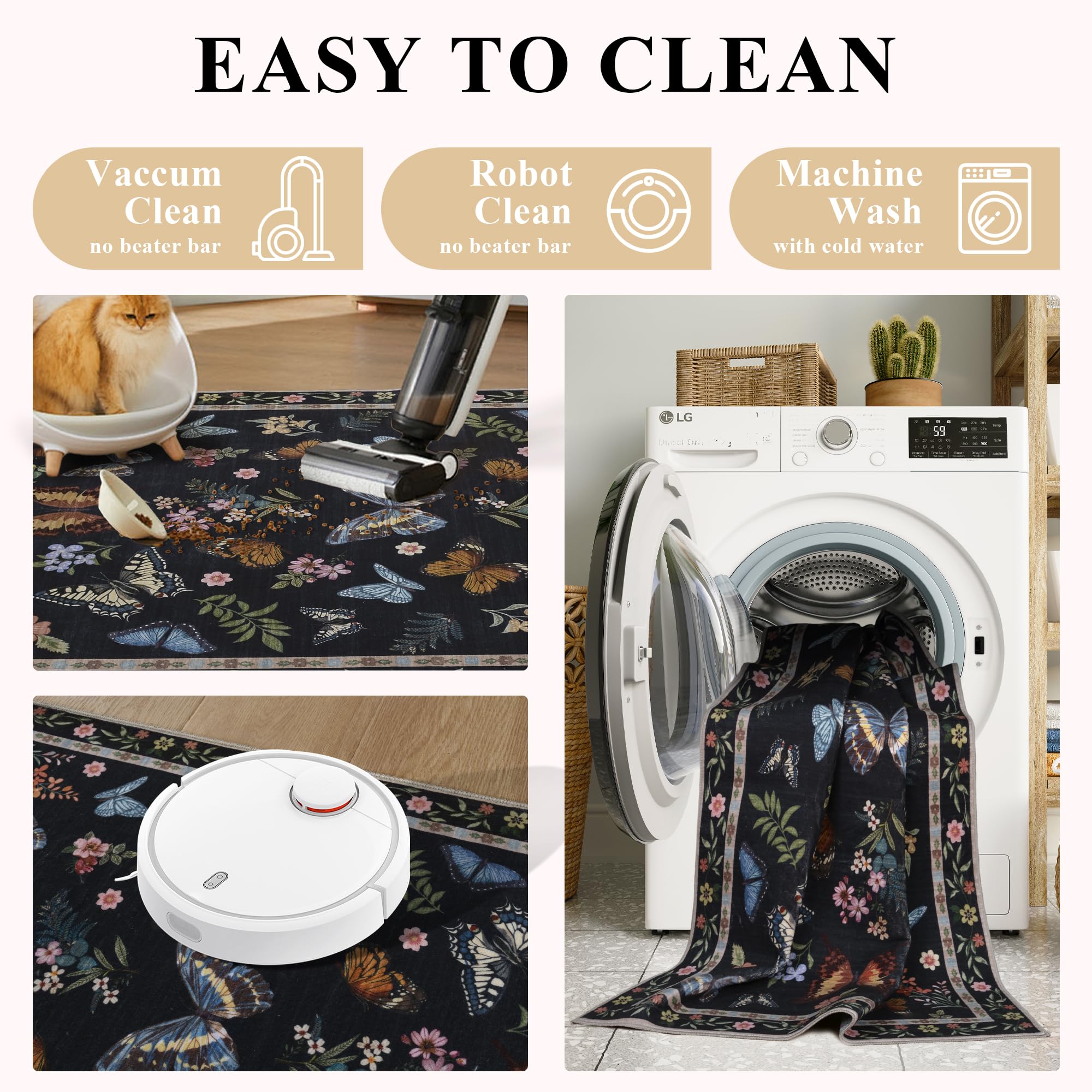 Insect Floral Area Rug, Machine Washable Area Rug Non-Slip Low Pile Large Bedroom Rug Stain Resistant Throw Rug Carpet