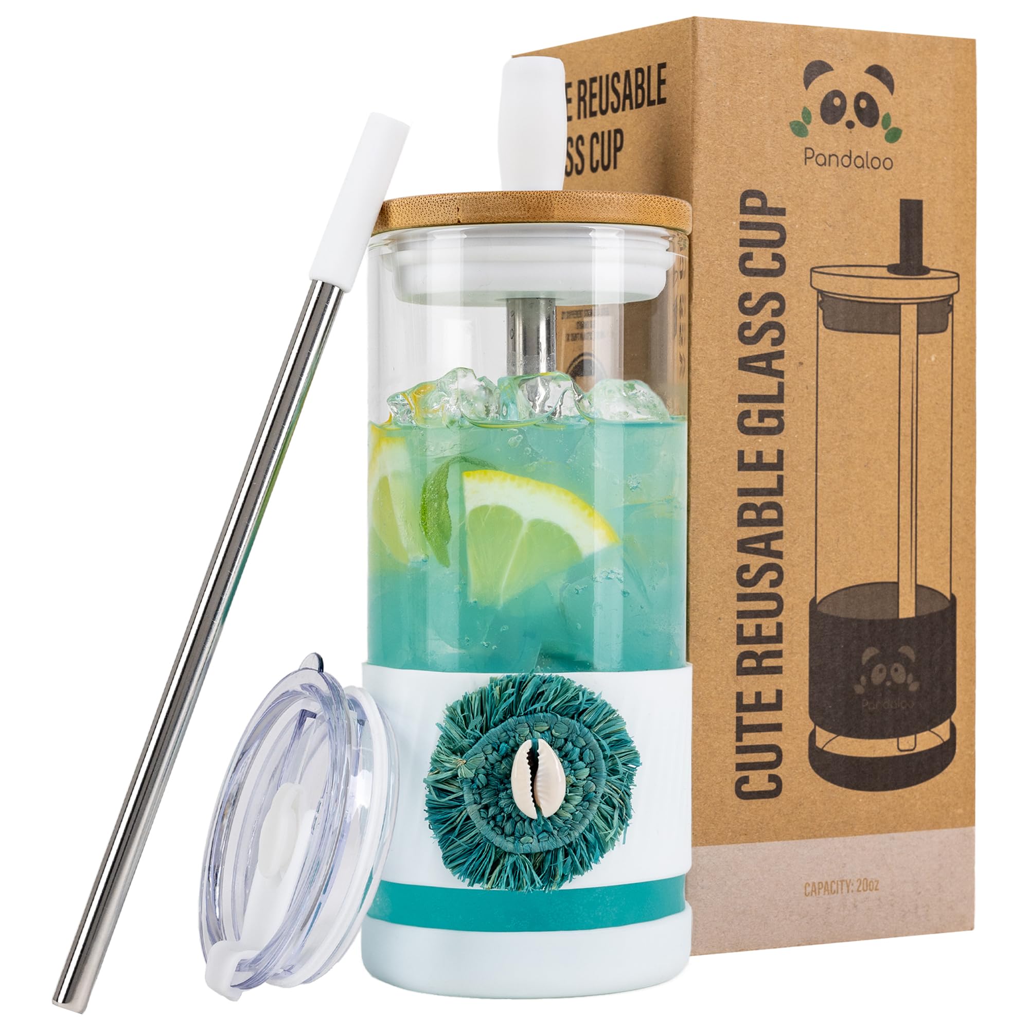 Pandaloo® Glass Cups With Lids and Straws -20 Fl Oz- Perfect Size Iced Coffee Cup - Smoothie Cup With Bamboo Lid and On the go Lid - Glass Tumbler With Straw