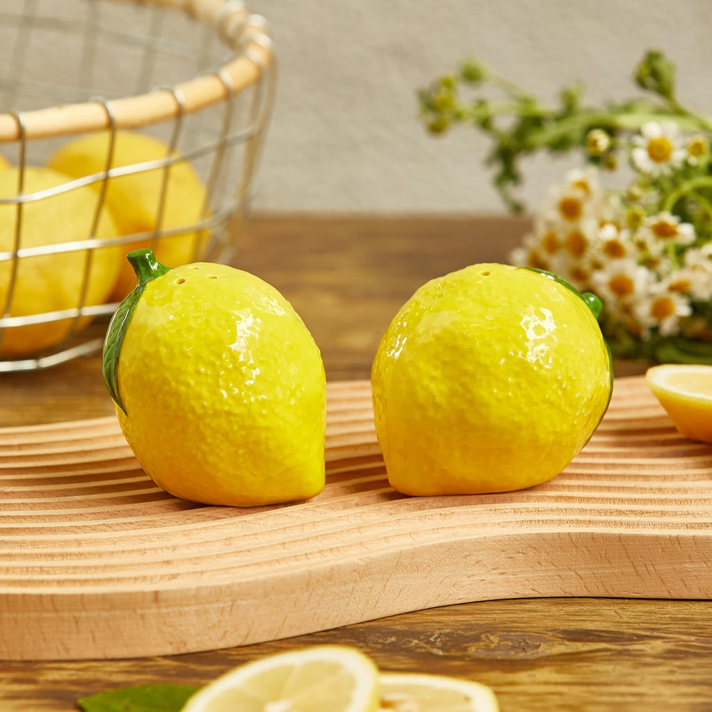 Lemon Shape Cute Handpainted Stoneware Salt & Pepper Shaker Set Decorative