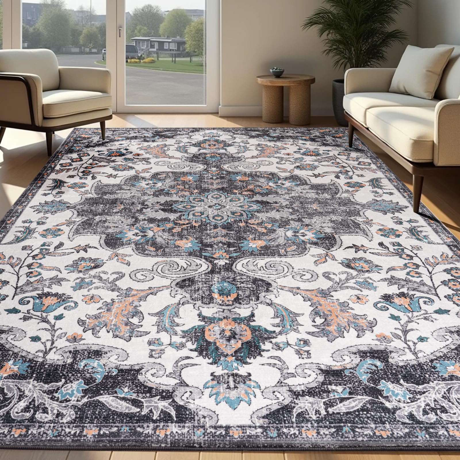 Washable Area Rugs Door Mat Entryway Vintage Floral Non-Slip Low Pile Entrance Thin Rug Carpet for Kitchen Bathroom Living Room Pink