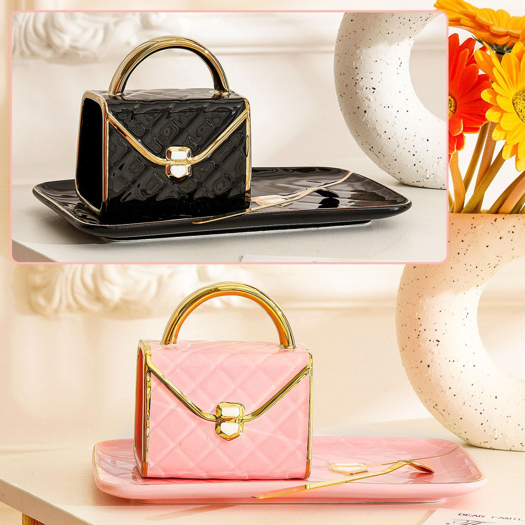 Set Coffee Mug Elegant Handbag Shaped Cup Modern Ceramic Purse Mug with Spoon and Saucer, 10oz Cute Creative Tea Cup