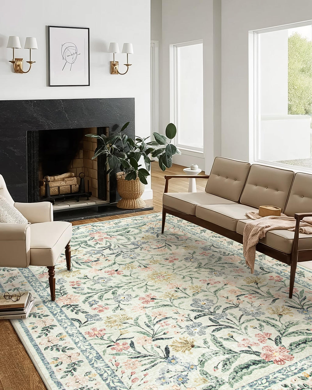 Machine Washable Boho Soft Floral Carpet Non Slip, Indoor Ultra-Thin Floor Carpet for Kid Room Living Room Dorm