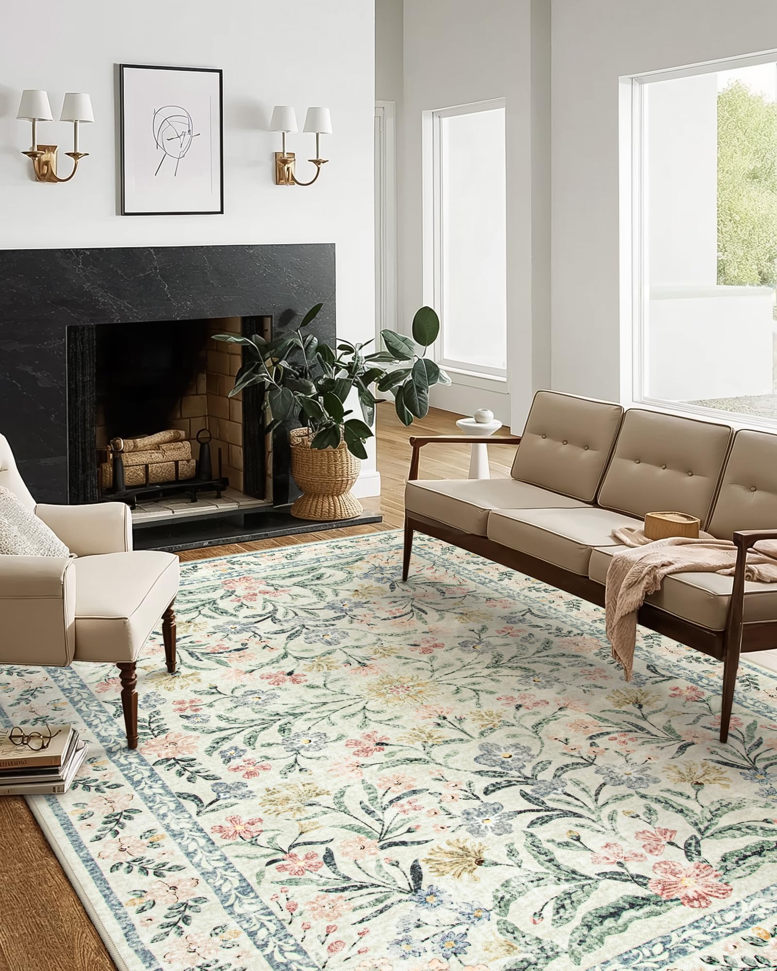 Machine Washable Boho Soft Floral Carpet Non Slip, Indoor Ultra-Thin Floor Carpet for Kid Room Living Room Dorm