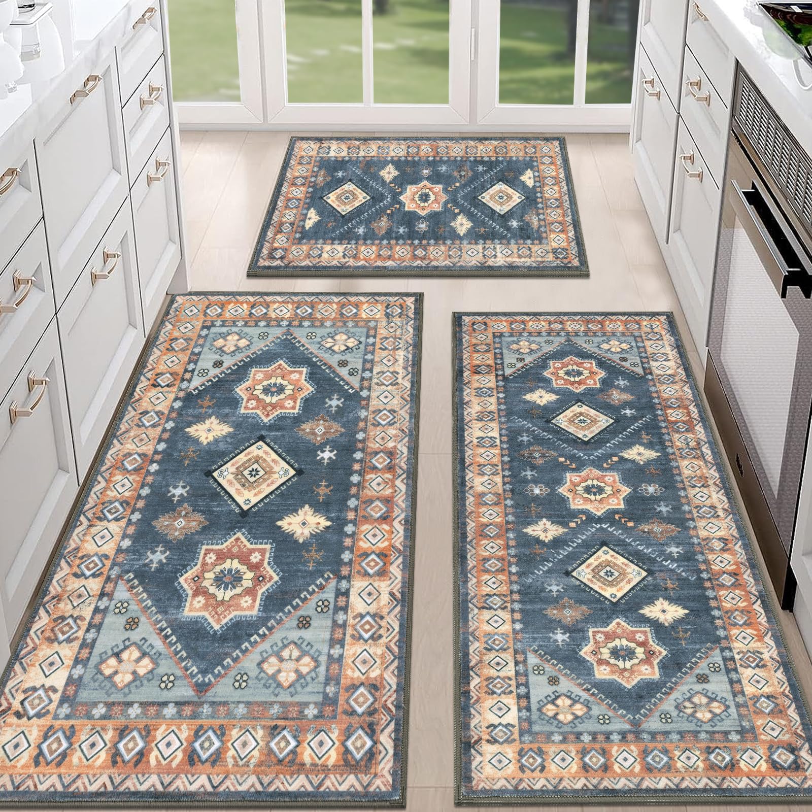 Thick Boho Kitchen Rug Sets 3 Piece with Runner Non Slip Kitchen Rugs and Mats Washable Kitchen Mats