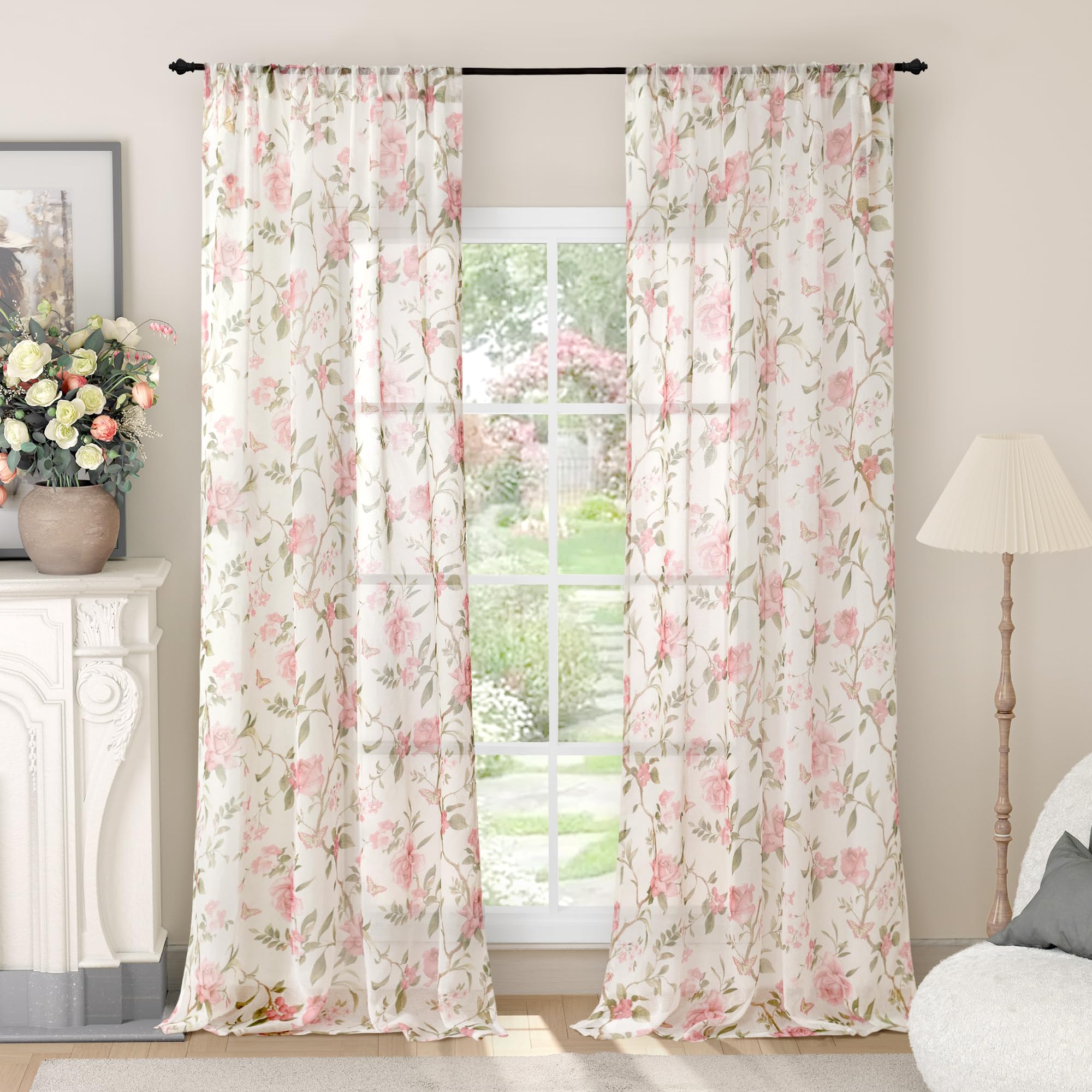 Floral Sheer Curtains, Vintage Light Filtering Semi-Sheer Linen Curtains