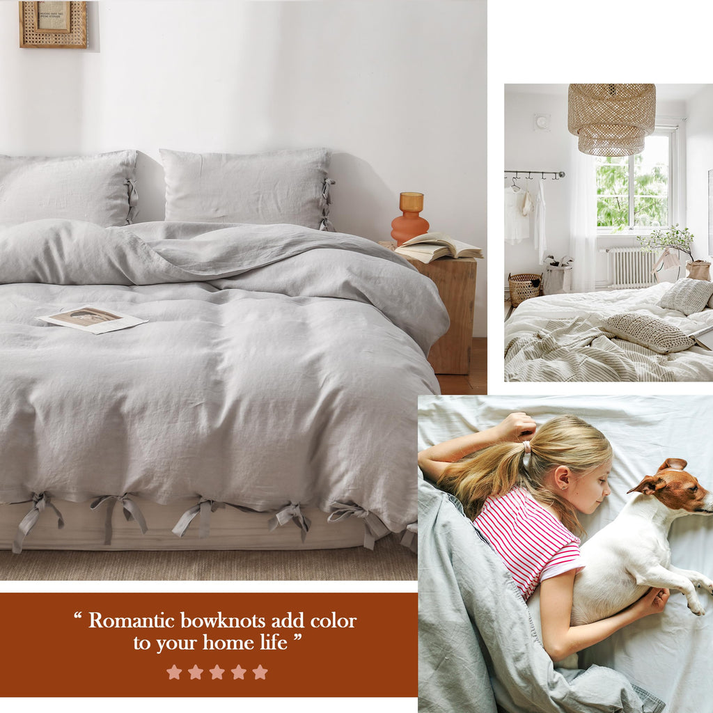The 100% Linen Duvet Cover Set, 3 Pieces Belgian Flax Breathable Bedding,(1 Comforter Cover+2 Pillowshams) with Tie Closure Style