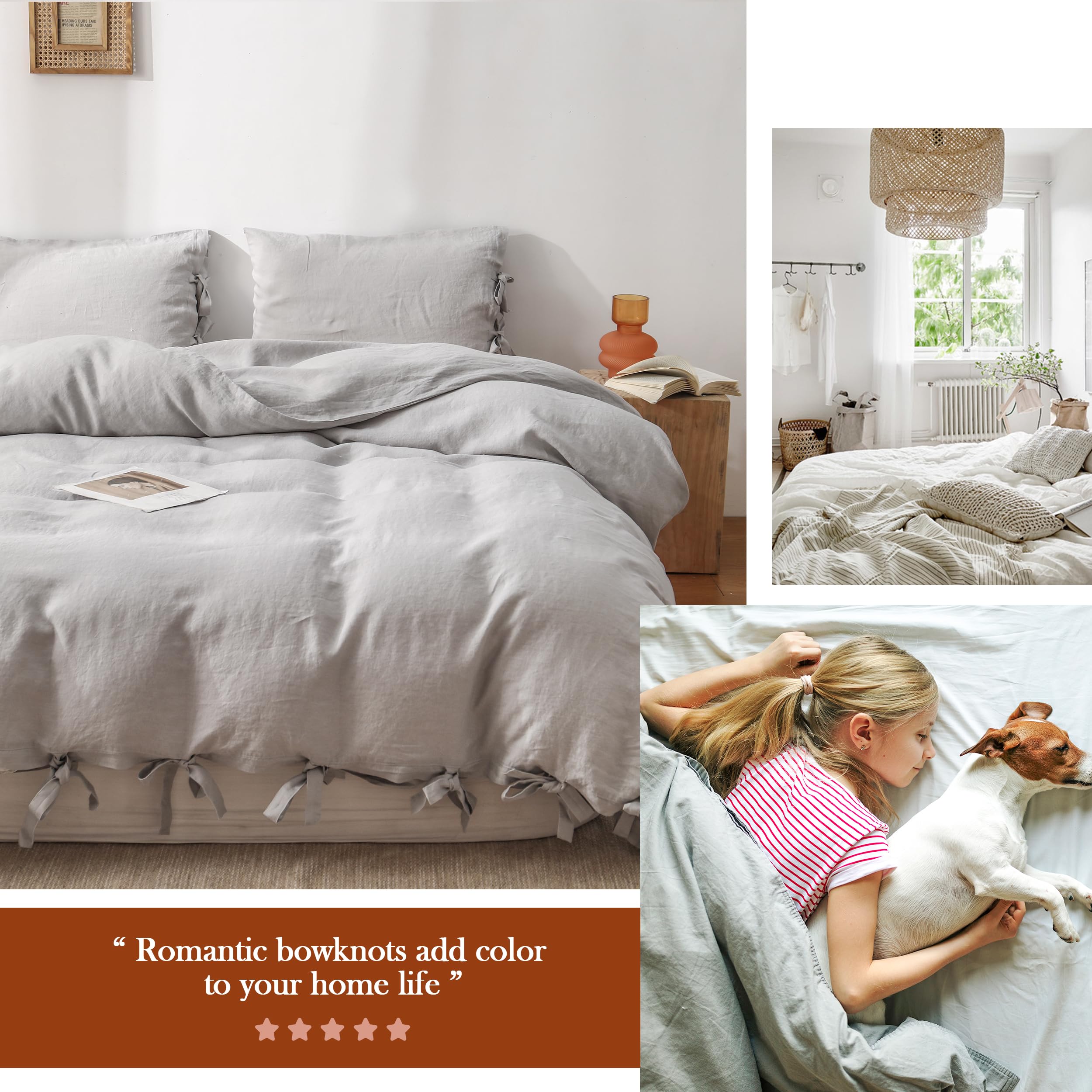 The 100% Linen Duvet Cover Set, 3 Pieces Belgian Flax Breathable Bedding,(1 Comforter Cover+2 Pillowshams) with Tie Closure Style