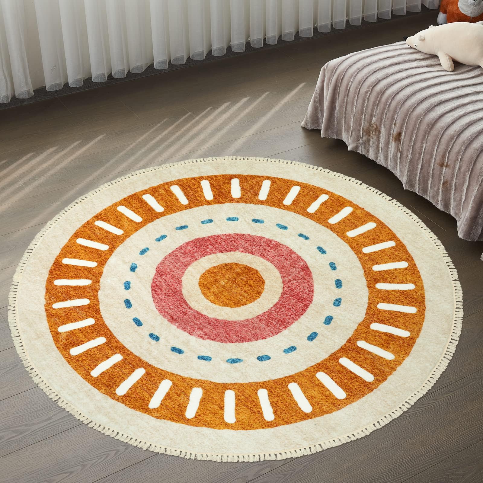 Orange Rainbow Boho Runner Rugs with Fringes, Sun Washable Hallway Runner Rug, Soft Non-Slip Area Rug