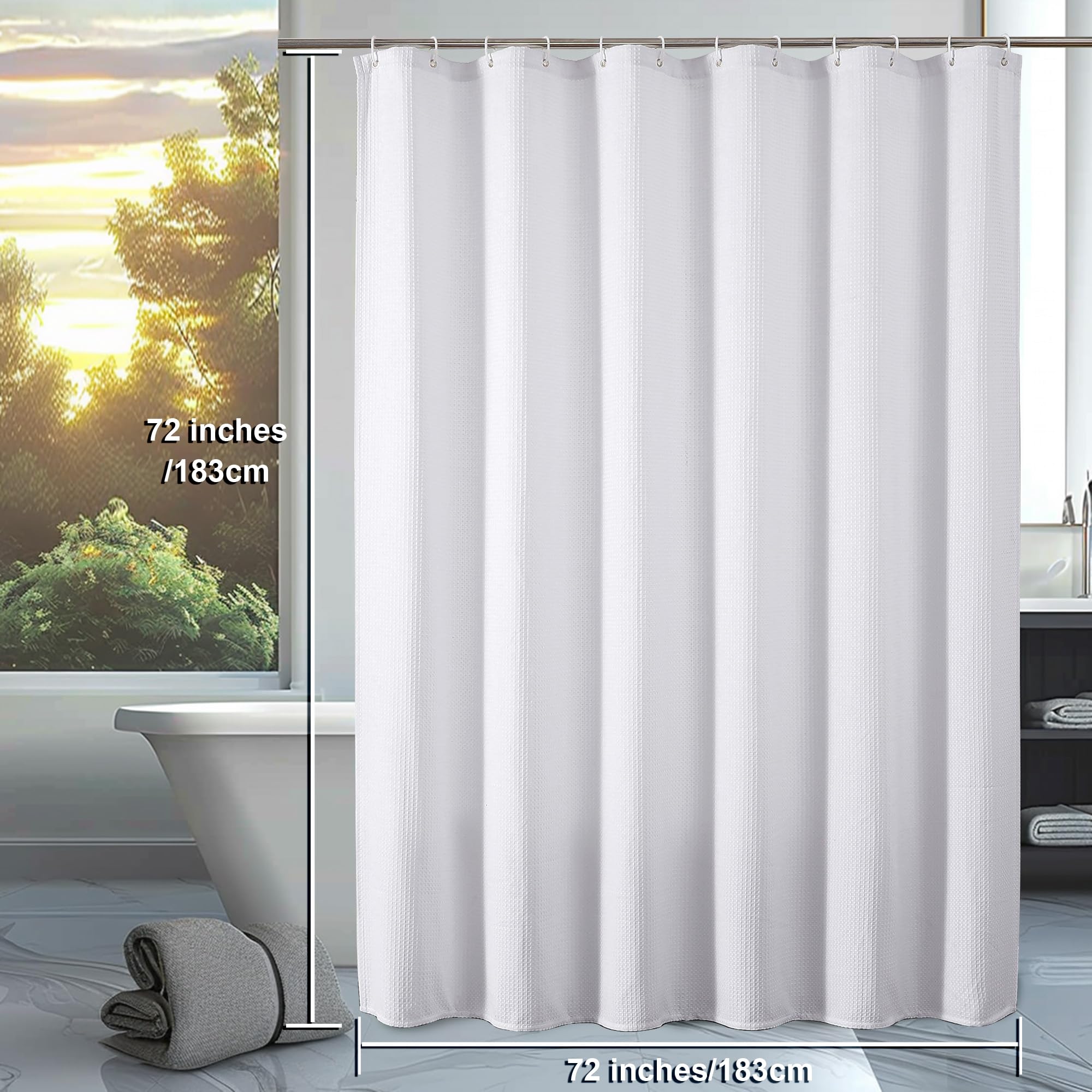 Waffle Textured Heavy Duty Fabric Shower Curtain for Bathroom, Luxury Hotel Weighted 230GSM Bath Curtain with 12 Plastic Hooks, Machine Washable, 72x72