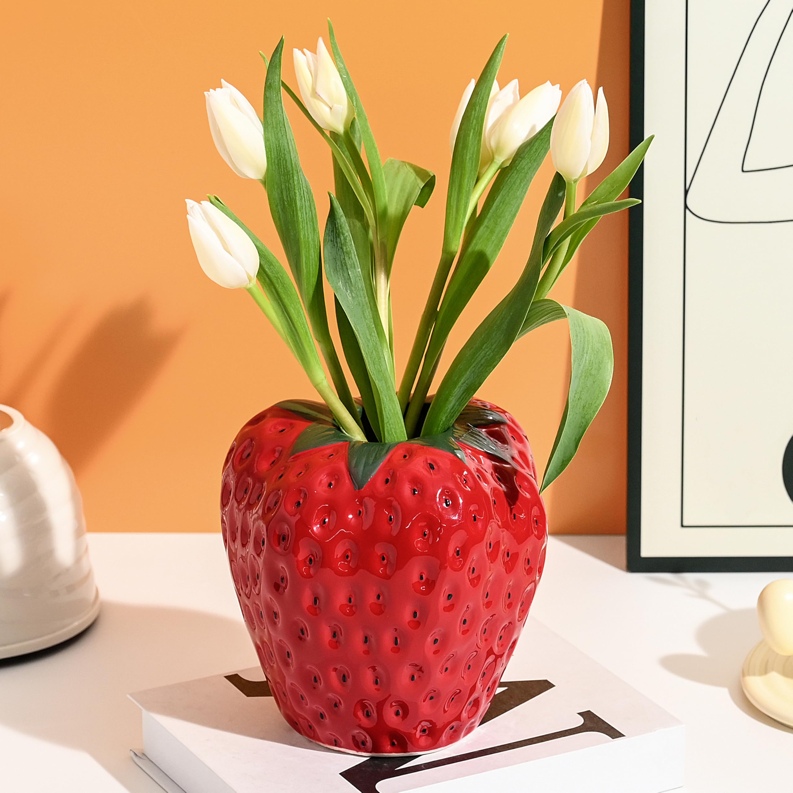 Strawberry Vase for Flowers, Dusty Pink Ceramic Fruit Vase, Strawberry Shaped Planter Pot with Green Leaves and Black Seeds Decor