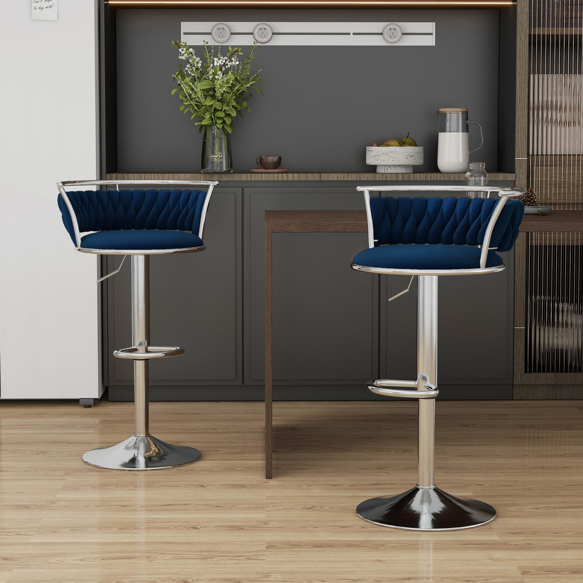 Velvet Swivel Bar Stools, Adjustable Counter Height Bar Chairs with Low Back & Footrest, Modern Gold Bar Stools for Kitchen Island, Bar Pub