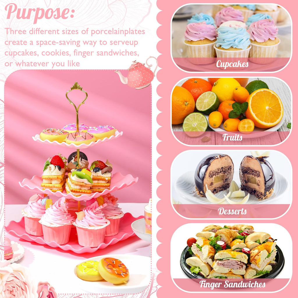 Dessert 2 Pack 3 Tier Cupcake Stand Pink Plates Plastic Square Tiered Serving Stand Display Tower