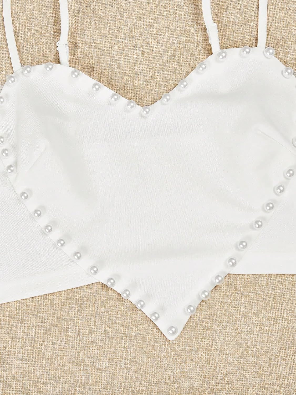 Women's Pearls Sleeveless Asymmetrical Hem Heart Crop Cami Top Sexy Camisole