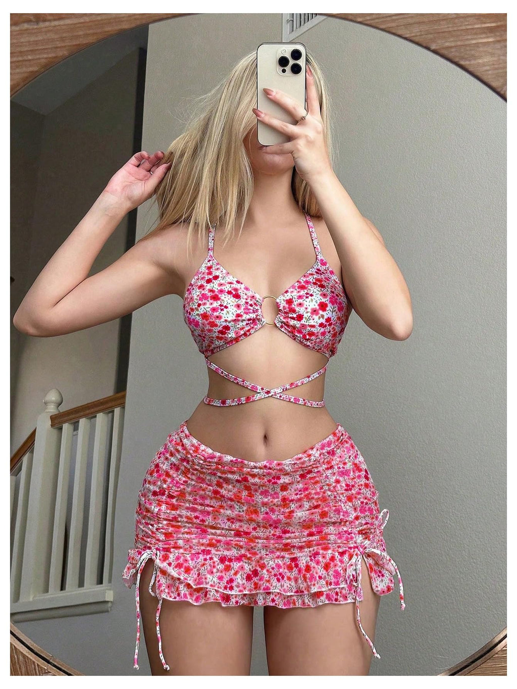 Women's 3 Piece Swimsuits Floral Criss Cross Halter Thong Bikini Sets Bathing Suit with Cover Up Ruffle Skirts