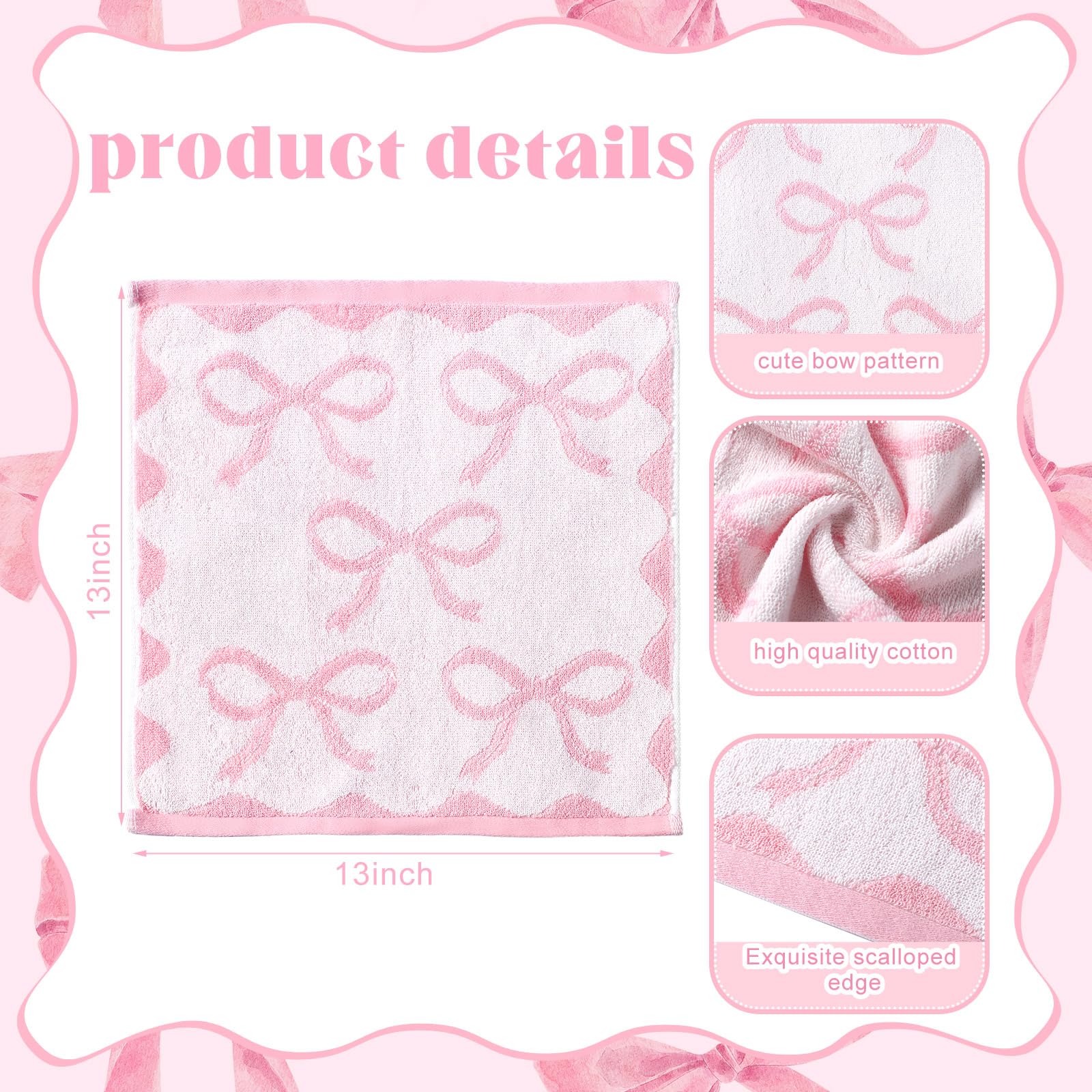 Coquette 6 Pcs Pink Bow Washcloths 100% Cotton Wash Cloths 13" x 13" Small Face Towels Absorbent Soft Preppy Wash Cloths & Hand Bath Towels for Bathroom