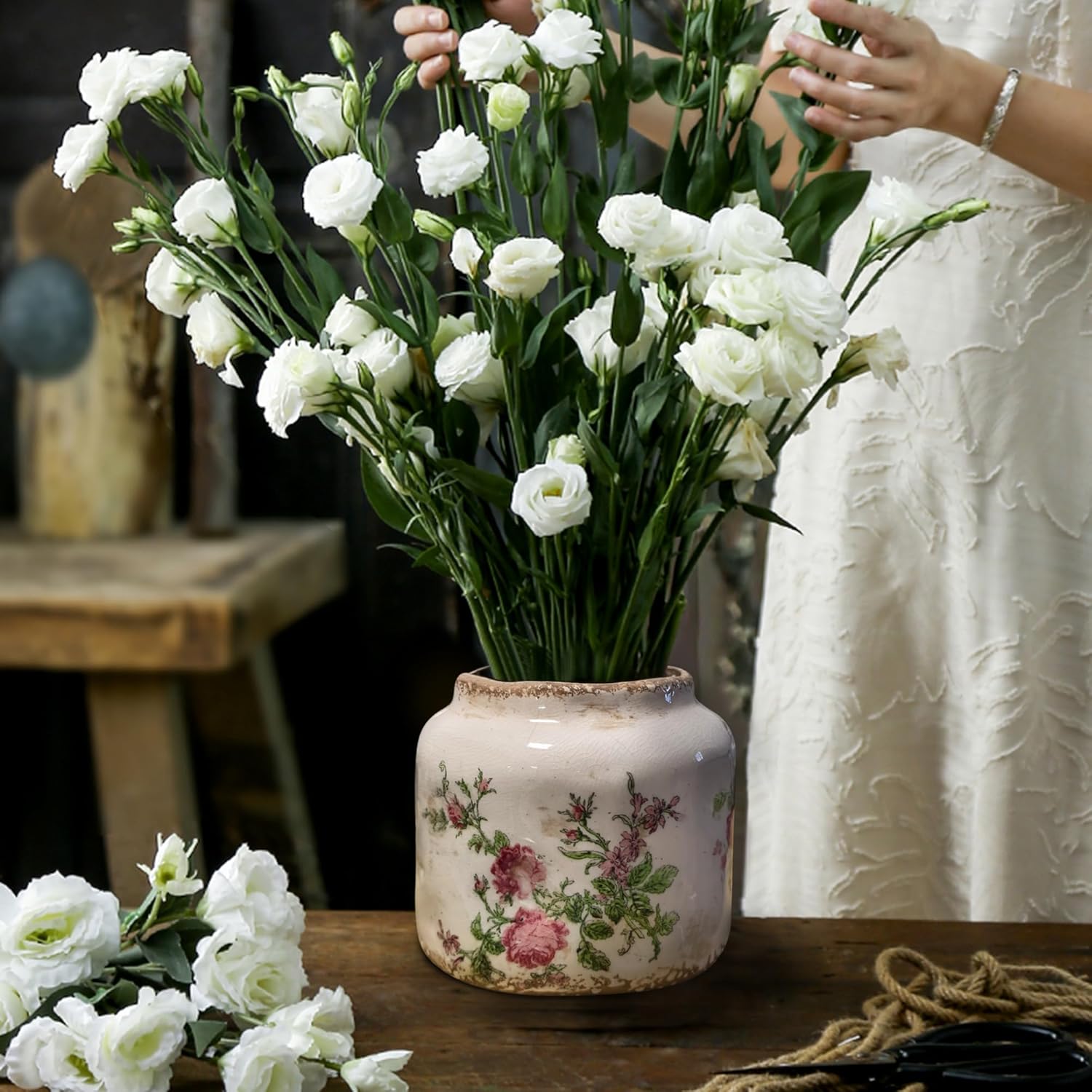 Vintage Ceramic Flower Pot, 5.9 * 6.3in Simple Relief Flower Pot