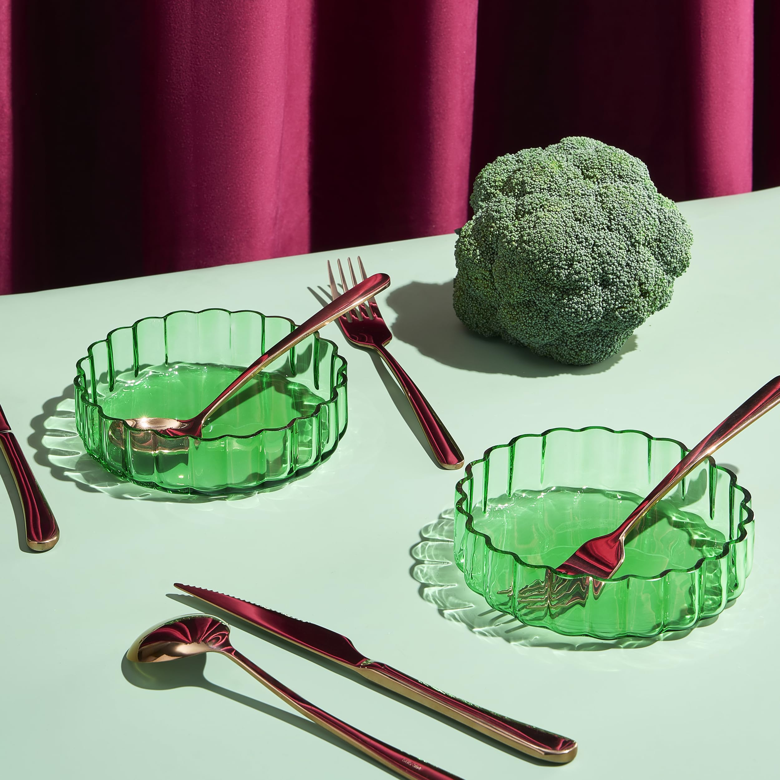 Vintage Art Glass Flower Wave Colored Plates | Set of 2, 5.9" Dinner or Dessert Plate, Appetizer, Snack, Fruit, Wavy Serveware