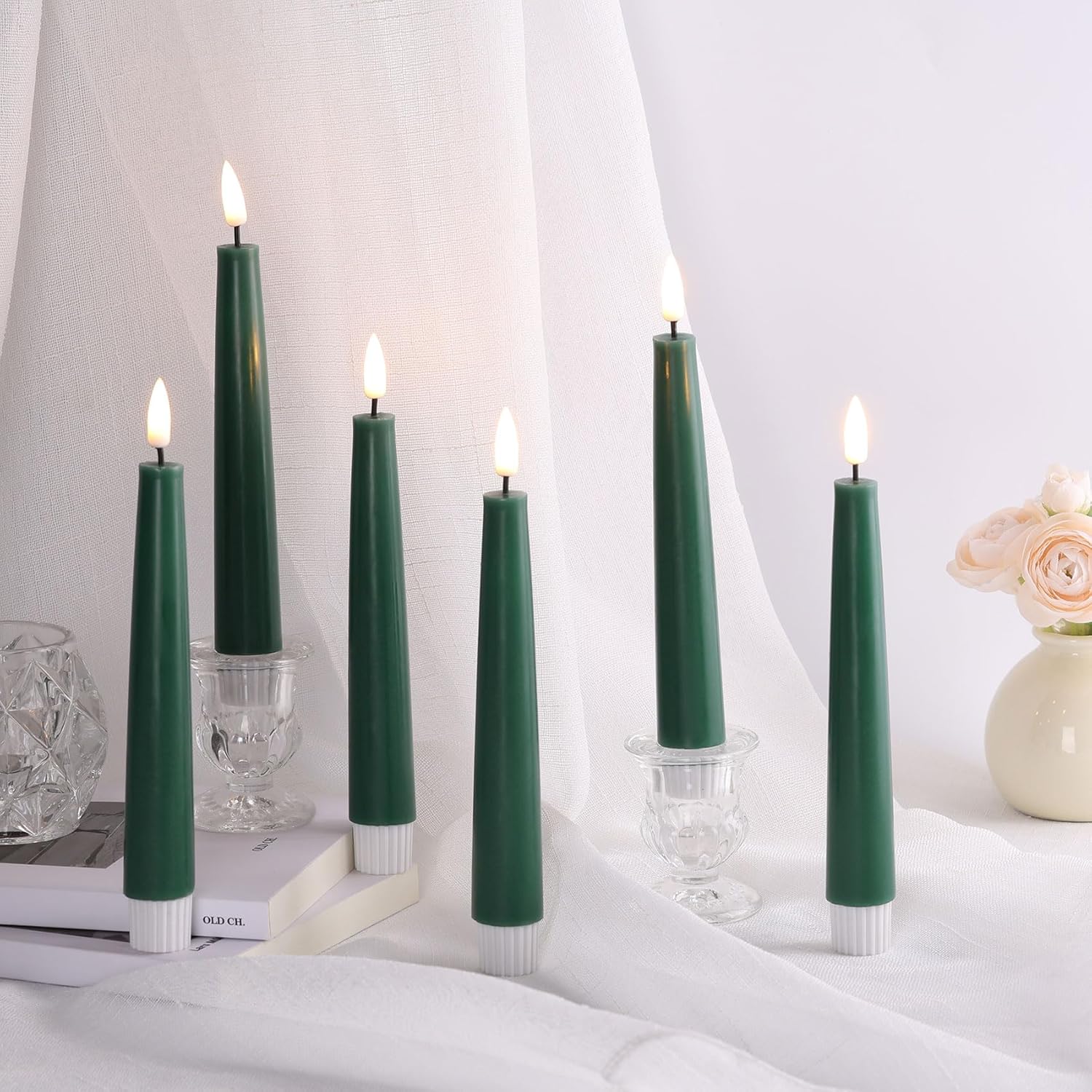 Short Flameless Taper Candles with Remote, Flickering Battery LED Wax Candlesticks Set of 6