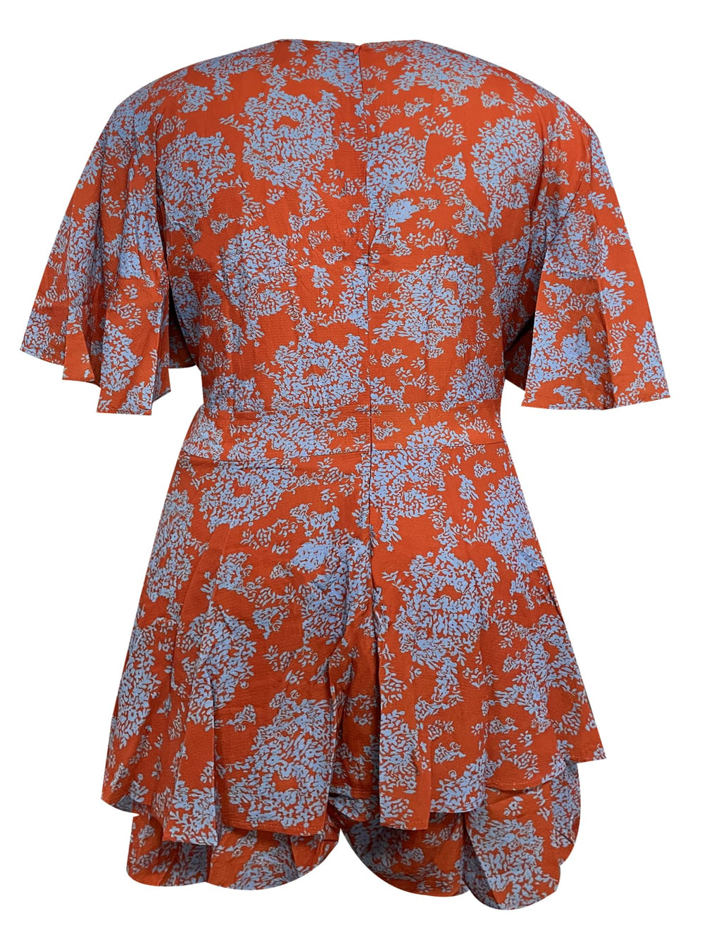 Women's Floral Rompers Jumpsuits V Neck Short Baggy Sleeve Waist Tie Double Layer Ruffle Hem Romper