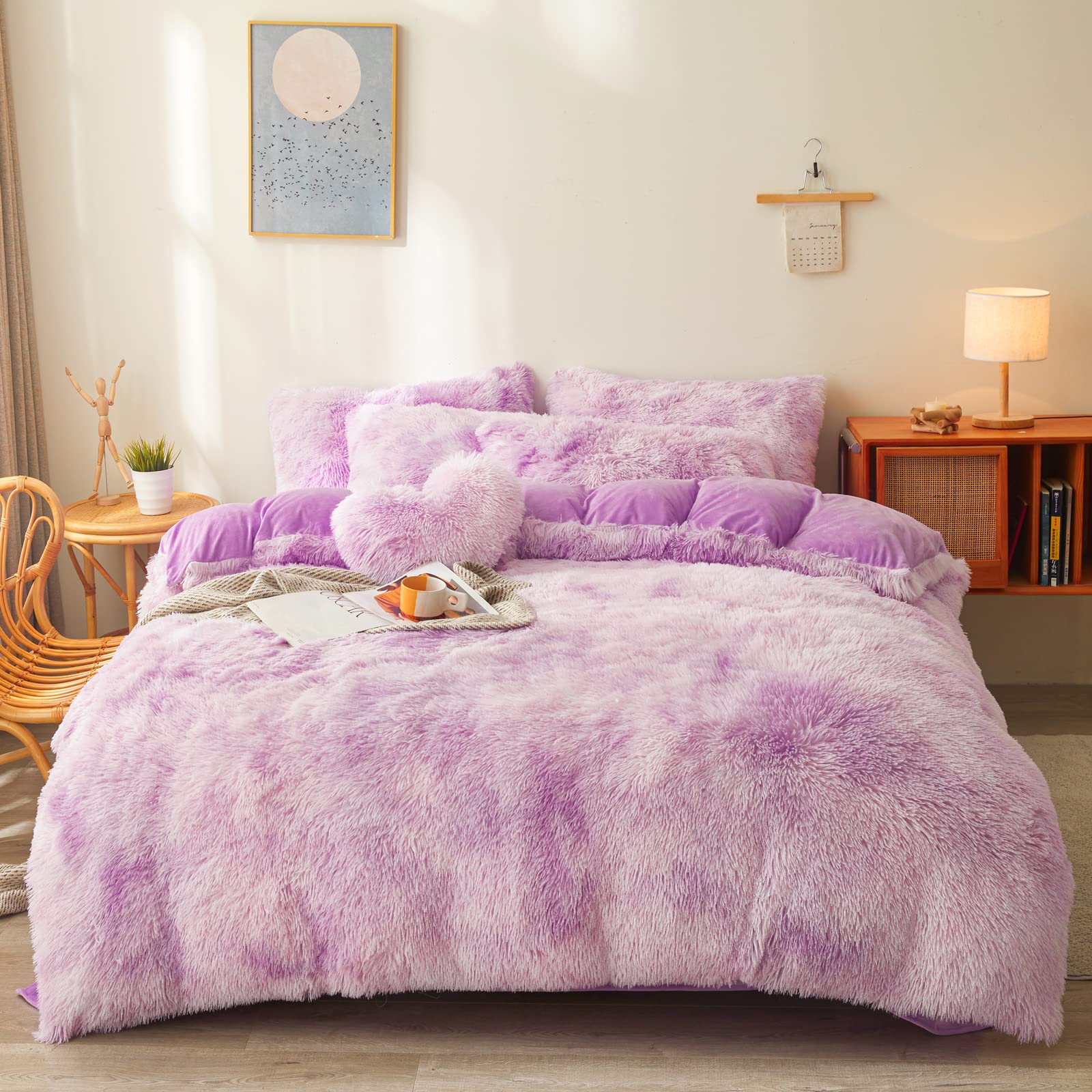 Fluffy Faux Fur Comforter Cover Set Queen - Ultra Soft Plush Bedding Sets 3 Pieces (1 Fluffy Duvet Cover + 2 Faux Fur Pillow case) Cute Bed Set