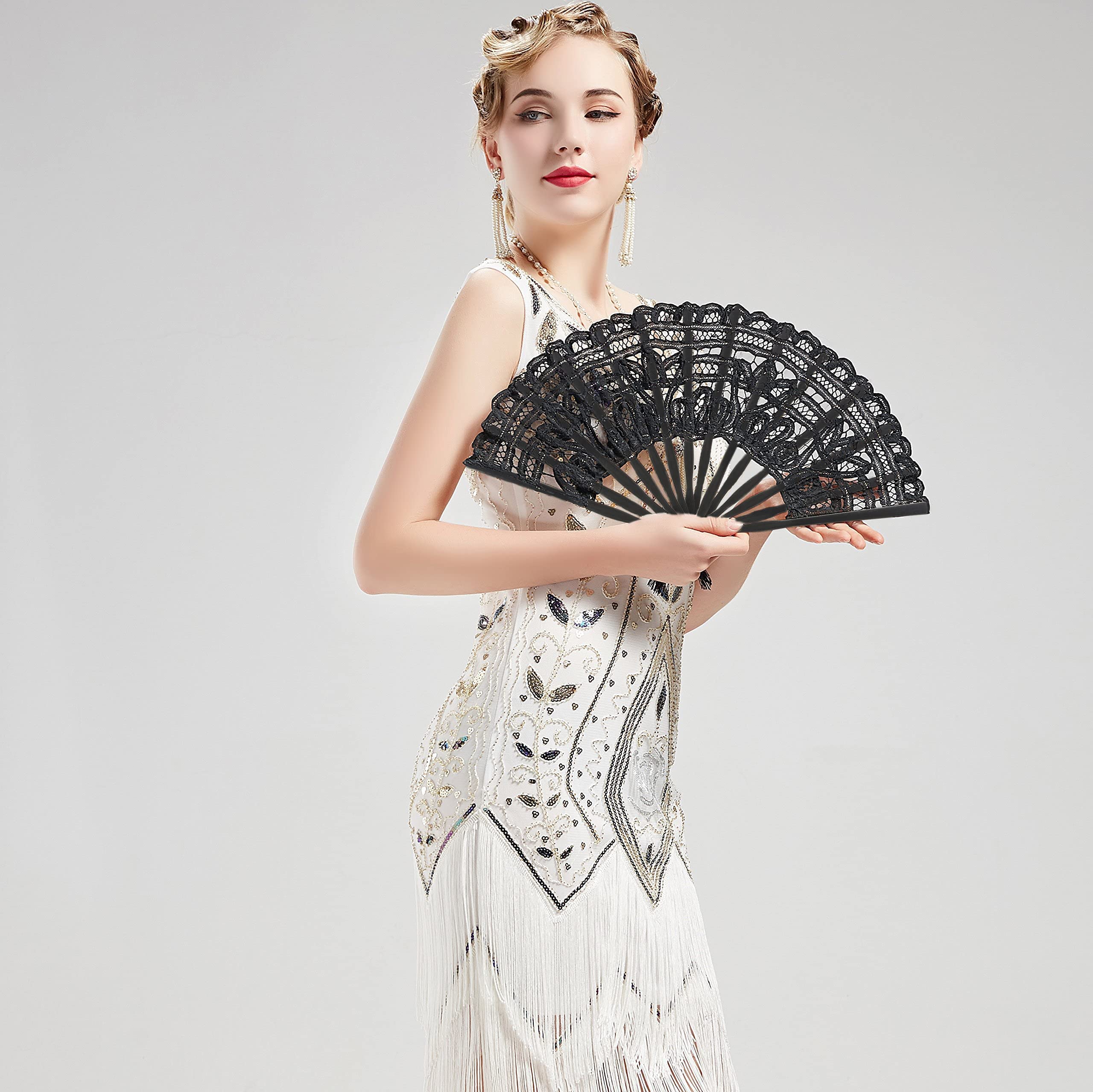 Cotton Lace Folding Handheld Fan Embroidered Hand Fan with Bamboo Staves