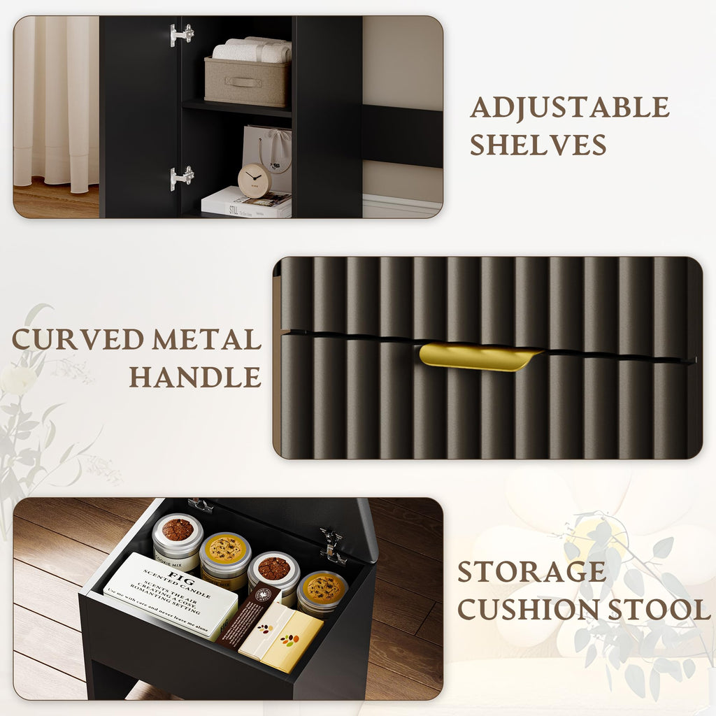 Makeup Vanity Desk with Mirror, Fluted Panel, Large LED Mirror, 3 Lighting Modes & Adjustable Brightness, Charging Station, Dressing Table with Stool