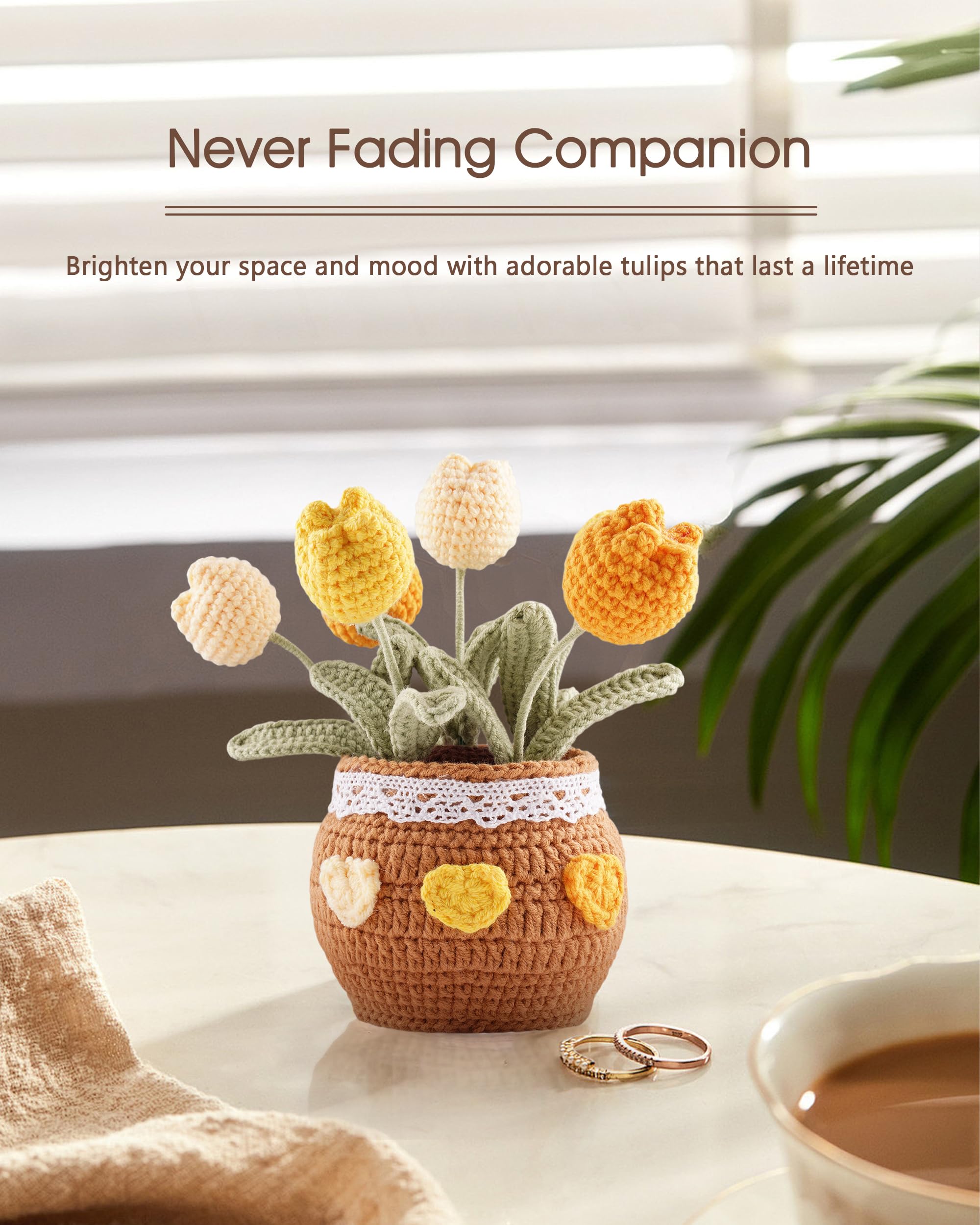 Crochet Tulip Potted Plant - Handmade Cotton Knitted Artificial Flowers, 6 Tulips Pot Plant with Bendable Leaves