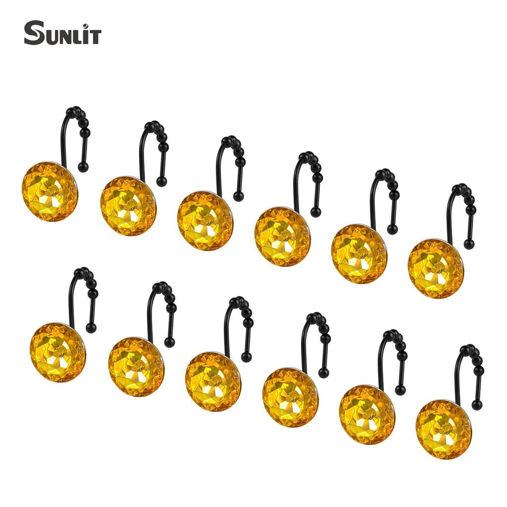 Luxury Design Round Diamond Crystal Gem Bling with Glide Balls Shower Curtain Hooks, Rust Proof Metal Rhinestones Glam Shower Curtain Rings-12 Pack