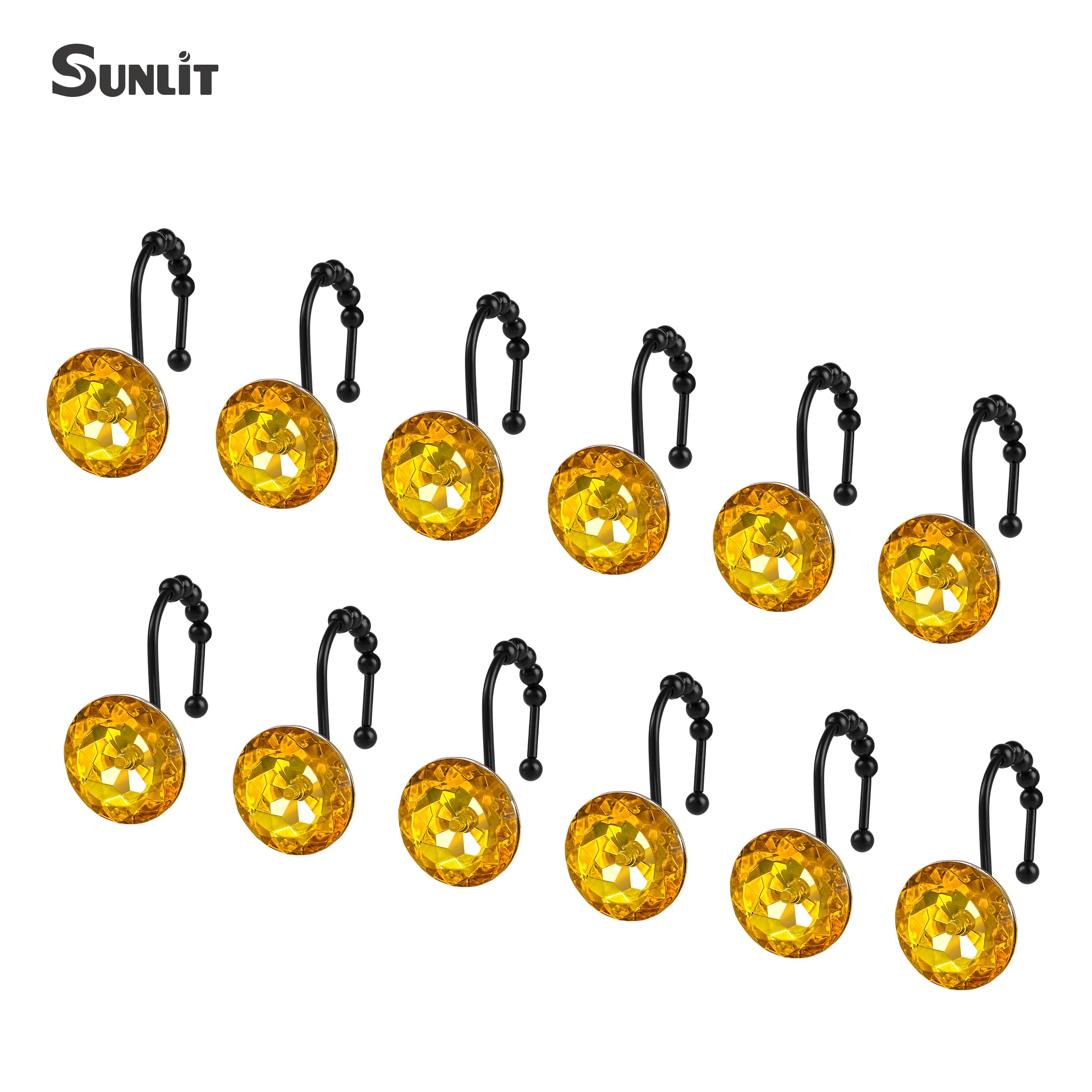 Luxury Design Round Diamond Crystal Gem Bling with Glide Balls Shower Curtain Hooks, Rust Proof Metal Rhinestones Glam Shower Curtain Rings-12 Pack