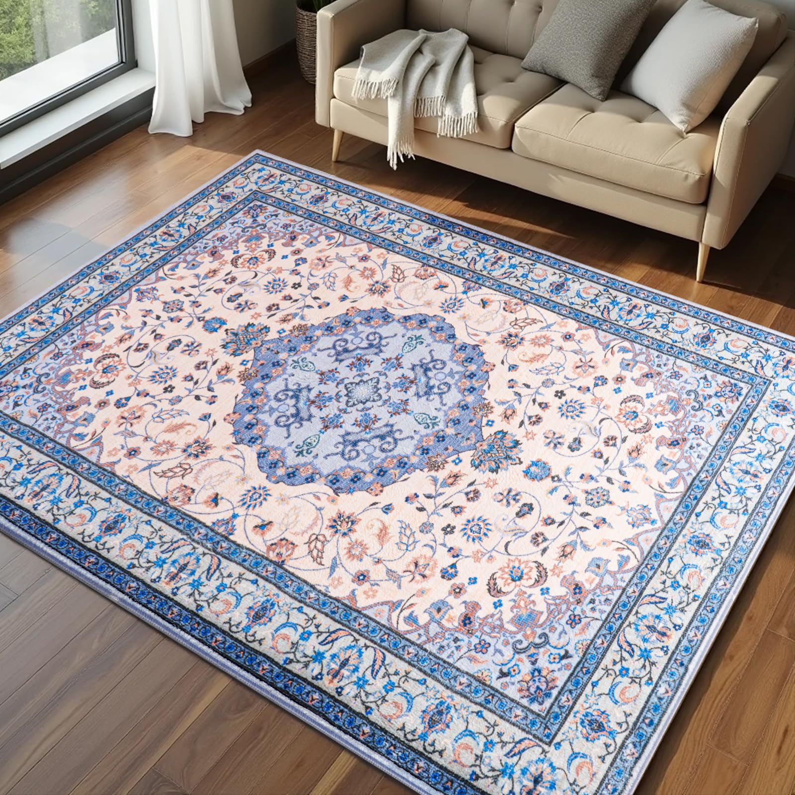 Washable Area Rugs Door Mat Entryway Vintage Floral Non-Slip Low Pile Entrance Thin Rug Carpet for Kitchen Bathroom Living Room Pink