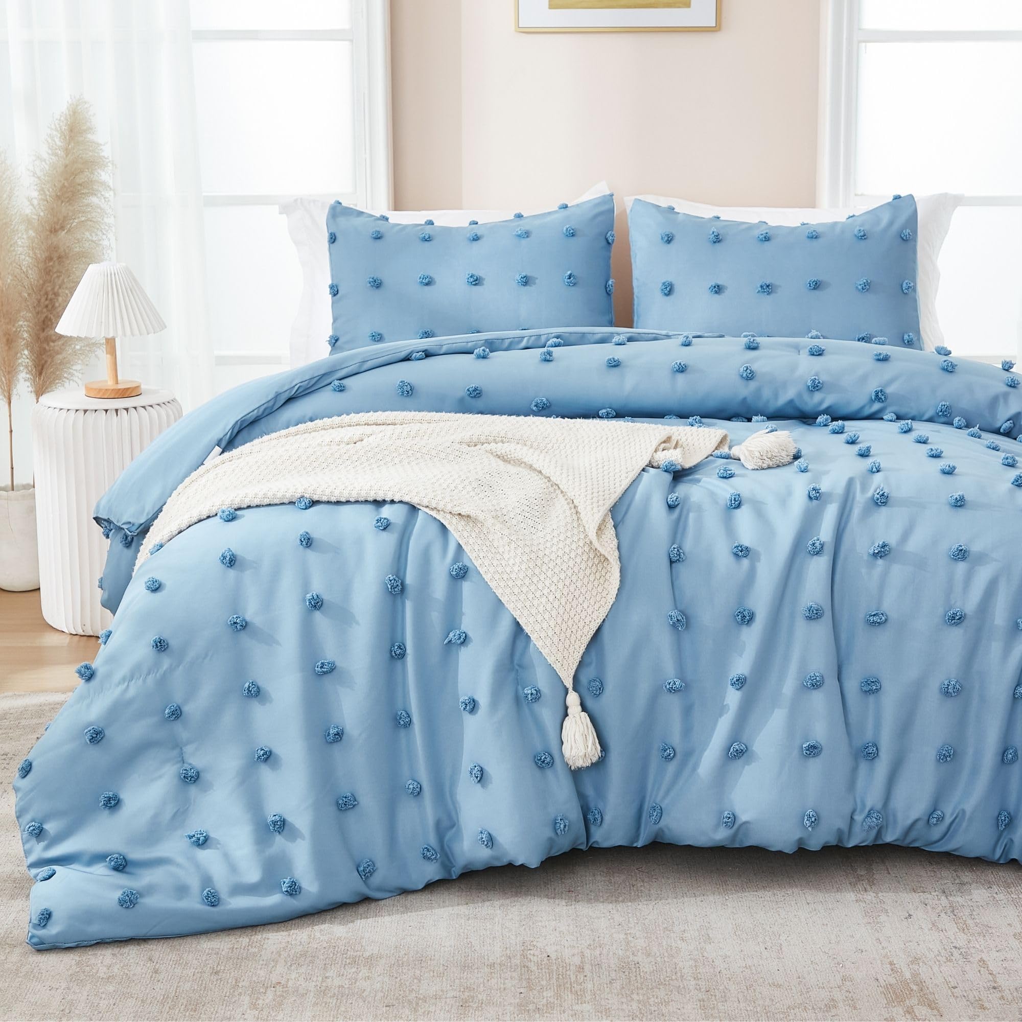 Comforter Set, 2 Pieces- Soft Cotton Lightweight Comforter with 1 Pillowcase, Chenille Dots All Season Down Alternative Comforter Set for Bedding