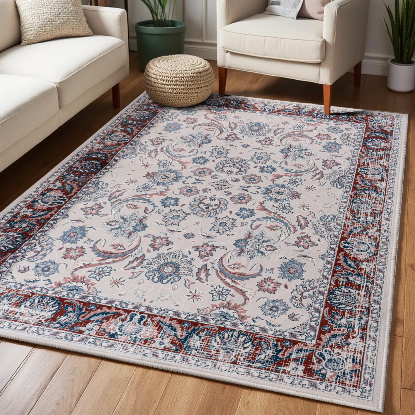 Washable Area Rugs Door Mat Entryway Vintage Floral Non-Slip Low Pile Entrance Thin Rug Carpet for Kitchen Bathroom Living Room Pink