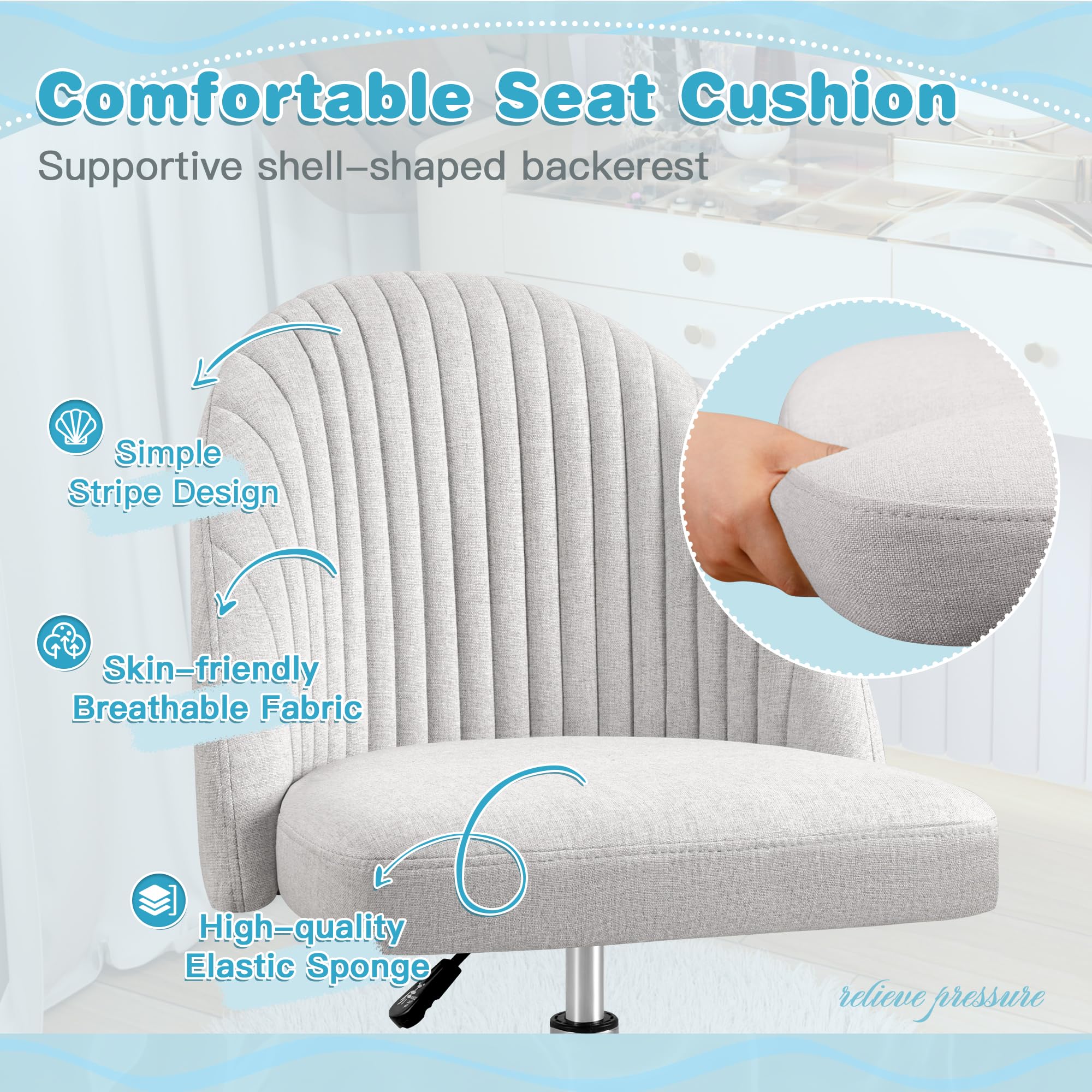 Modern Armless Cute Adjustable Swivel Padded Fabric Vanity Chair with Wheels
