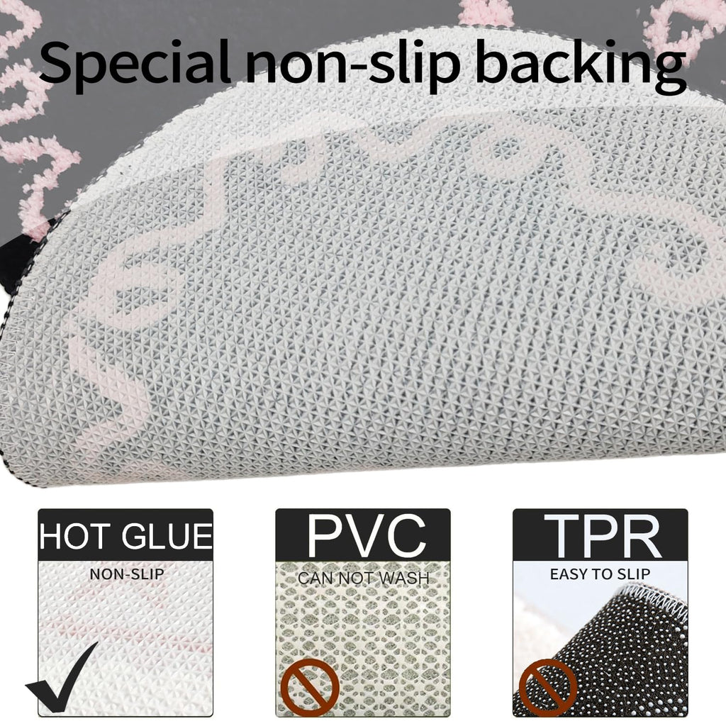 Coquette Black Pink Bow Mat Non Slip Heart Shaped Bow Rug Cute Girly Carpet Room Decor Microfiber Absorbent Bath