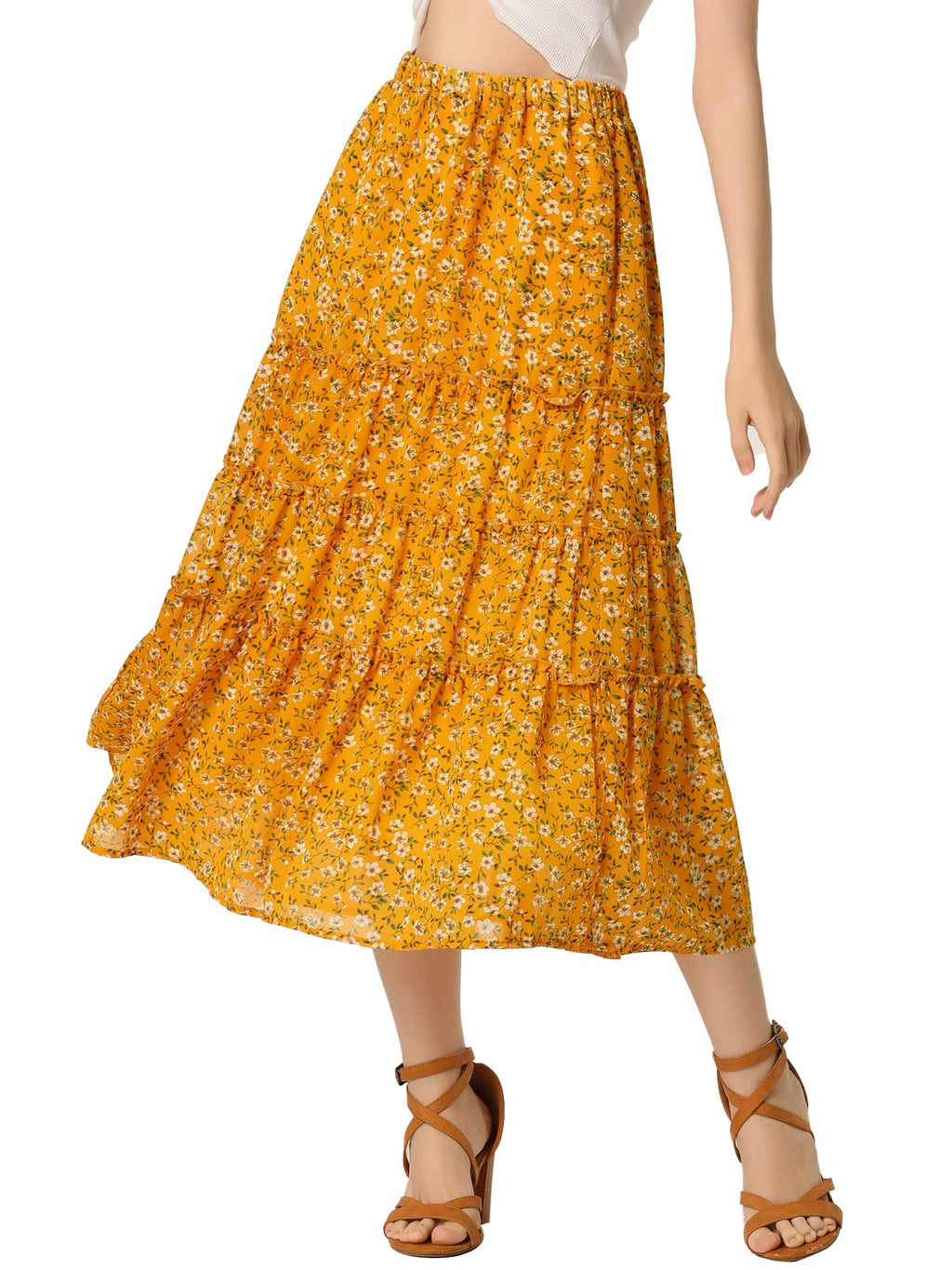 Women's Floral Skirt Chiffon A-line Long Tiered Ruffle Boho