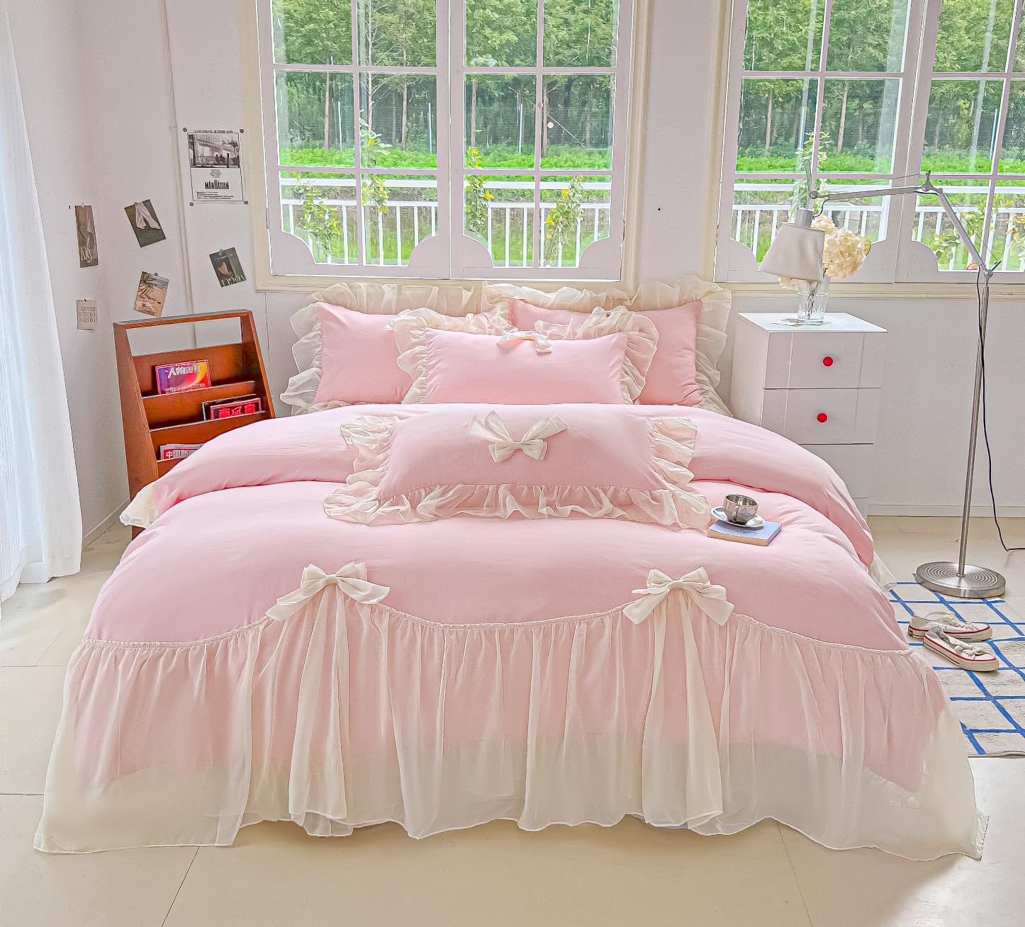 Girls Lace Bedding,Queen Comforter Cover Set, Chic Ruffled Duvet Cover with Lovely Bow,Princess Style 1 Duvet Cover with 2 Pillowcases, No Comforter-Hot Pink,Full Size