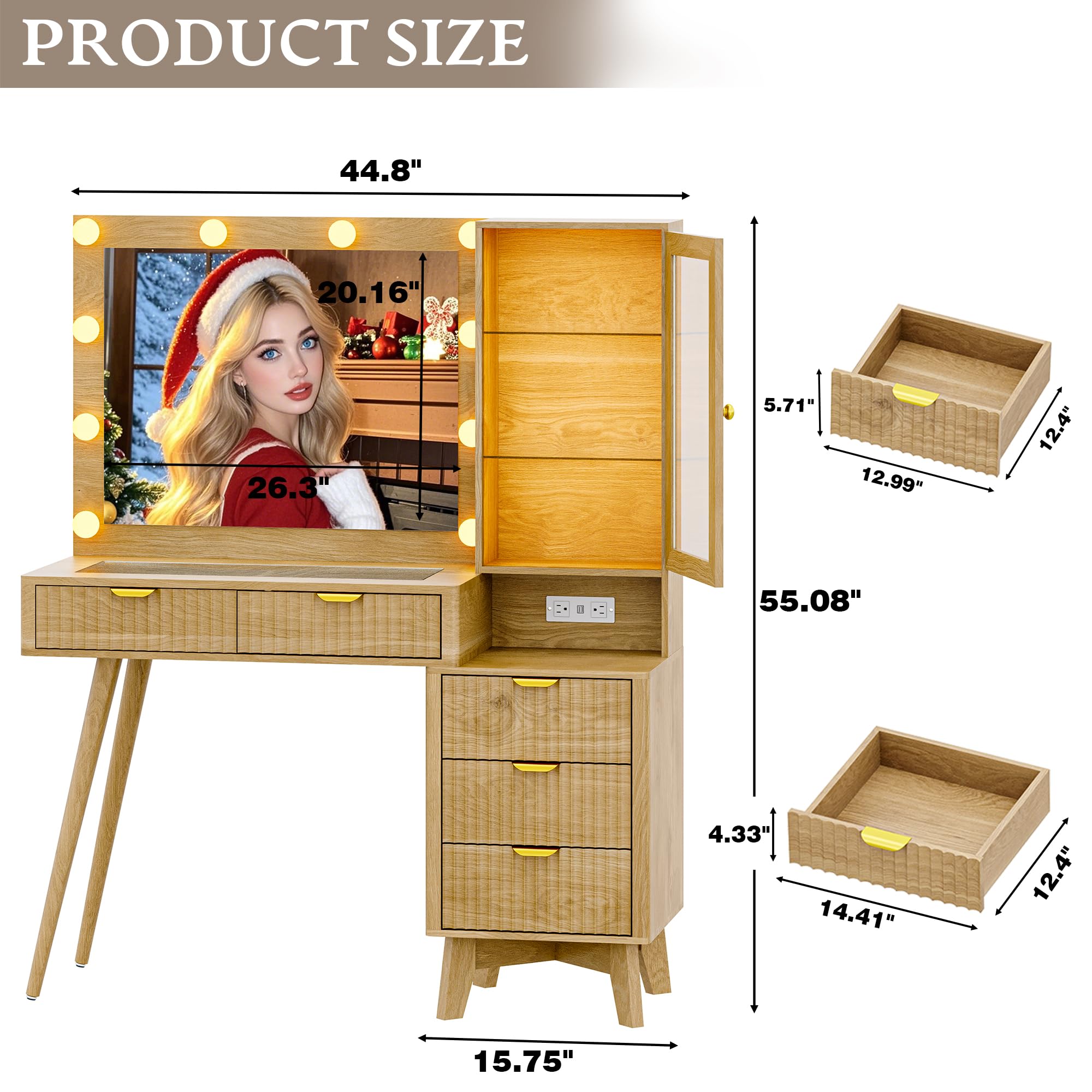 Fluted Vanity Desk with Mirror and Lights, 45" Glass Top Makeup Table Set with 5 Drawers, Power Outlet & Storage Cabinet, Large Dressing Table with RGB Ambient Light