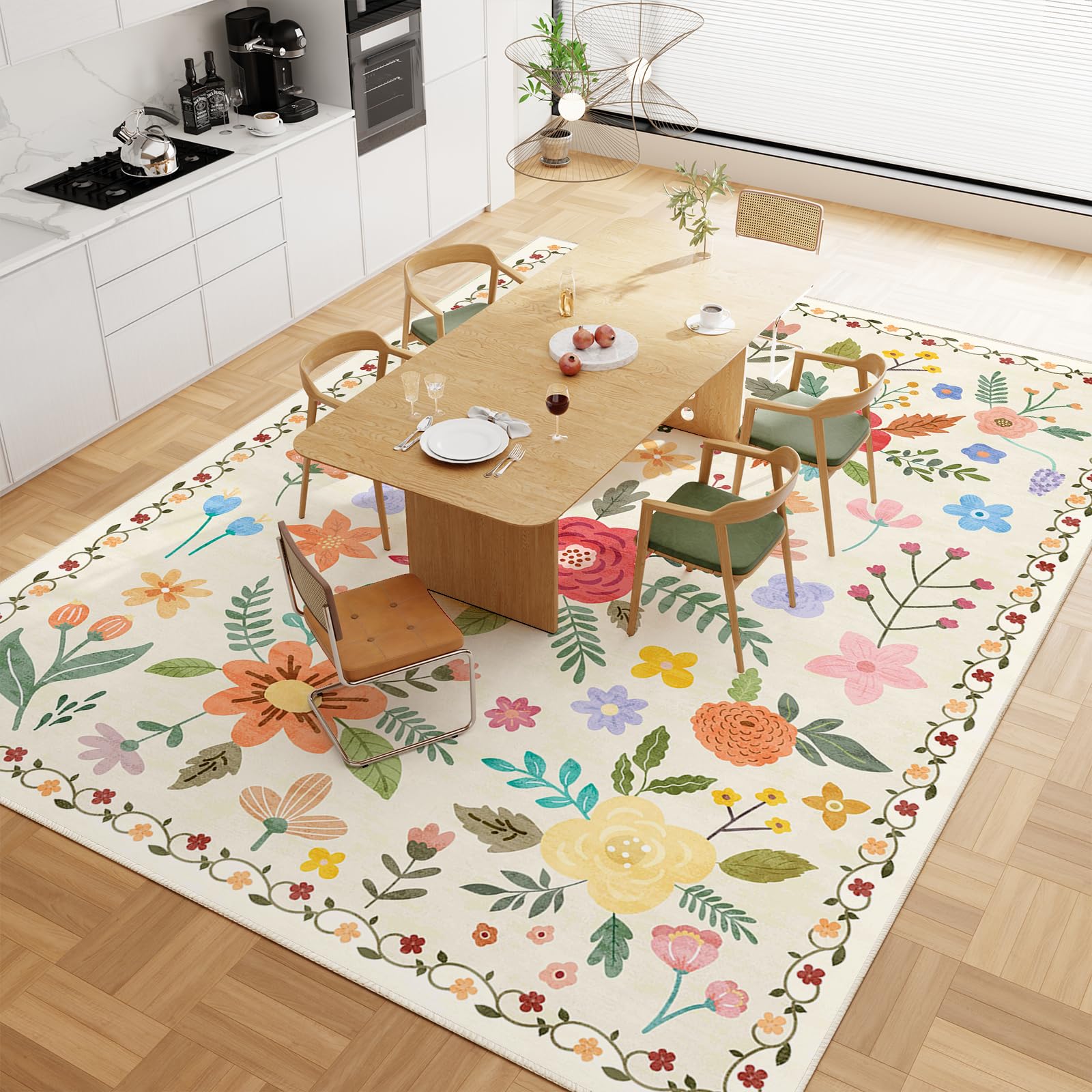 Washable Floral Rugs with Non Slip Backing, Stain Resistant, Floral Soft Low-Pile