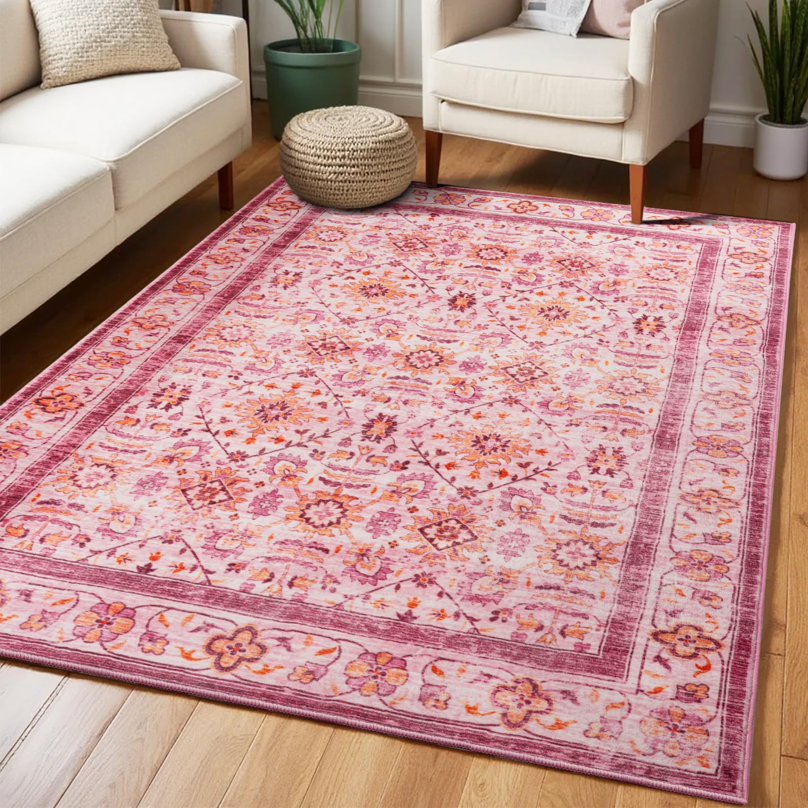 Washable Area Rugs Door Mat Entryway Vintage Floral Non-Slip Low Pile Entrance Thin Rug Carpet for Kitchen Bathroom Living Room Pink