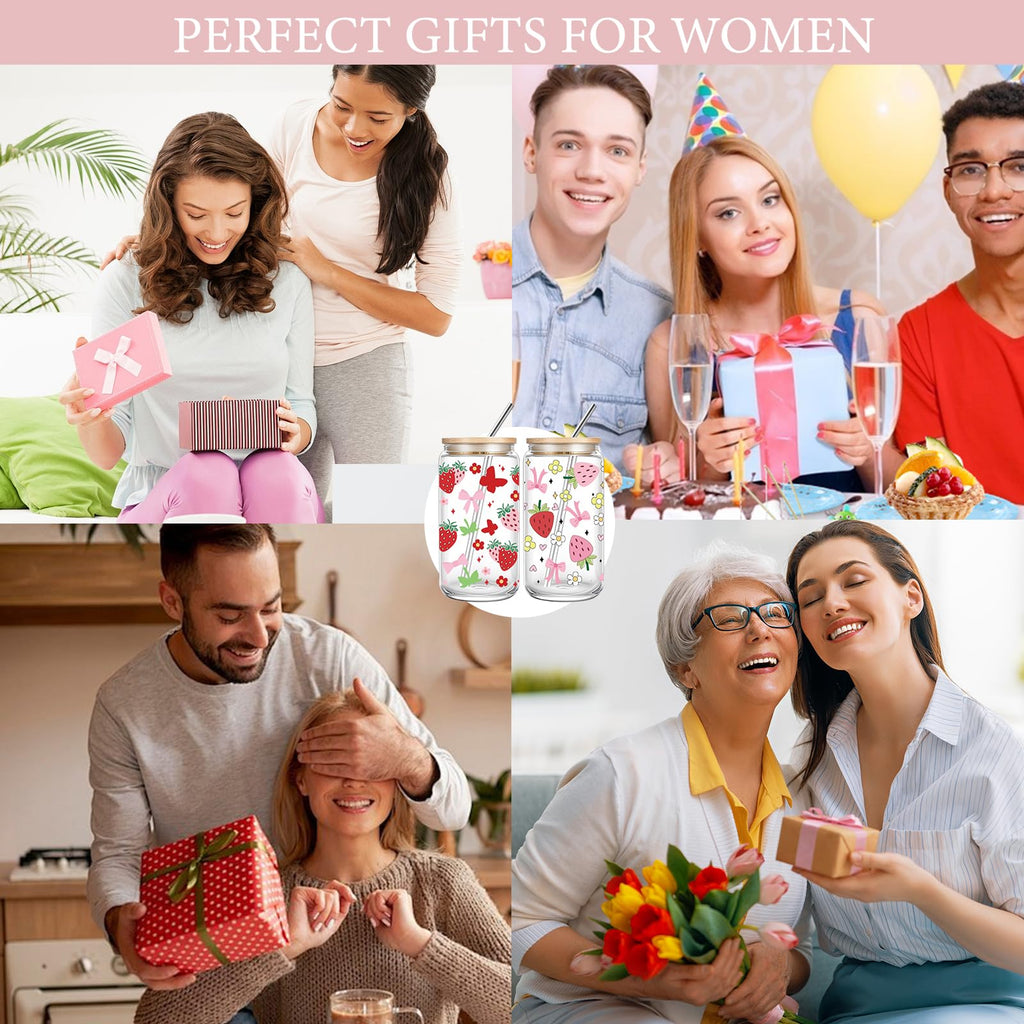 Cute 16oz Glass Cups with Lids and Straws, 2 Pack