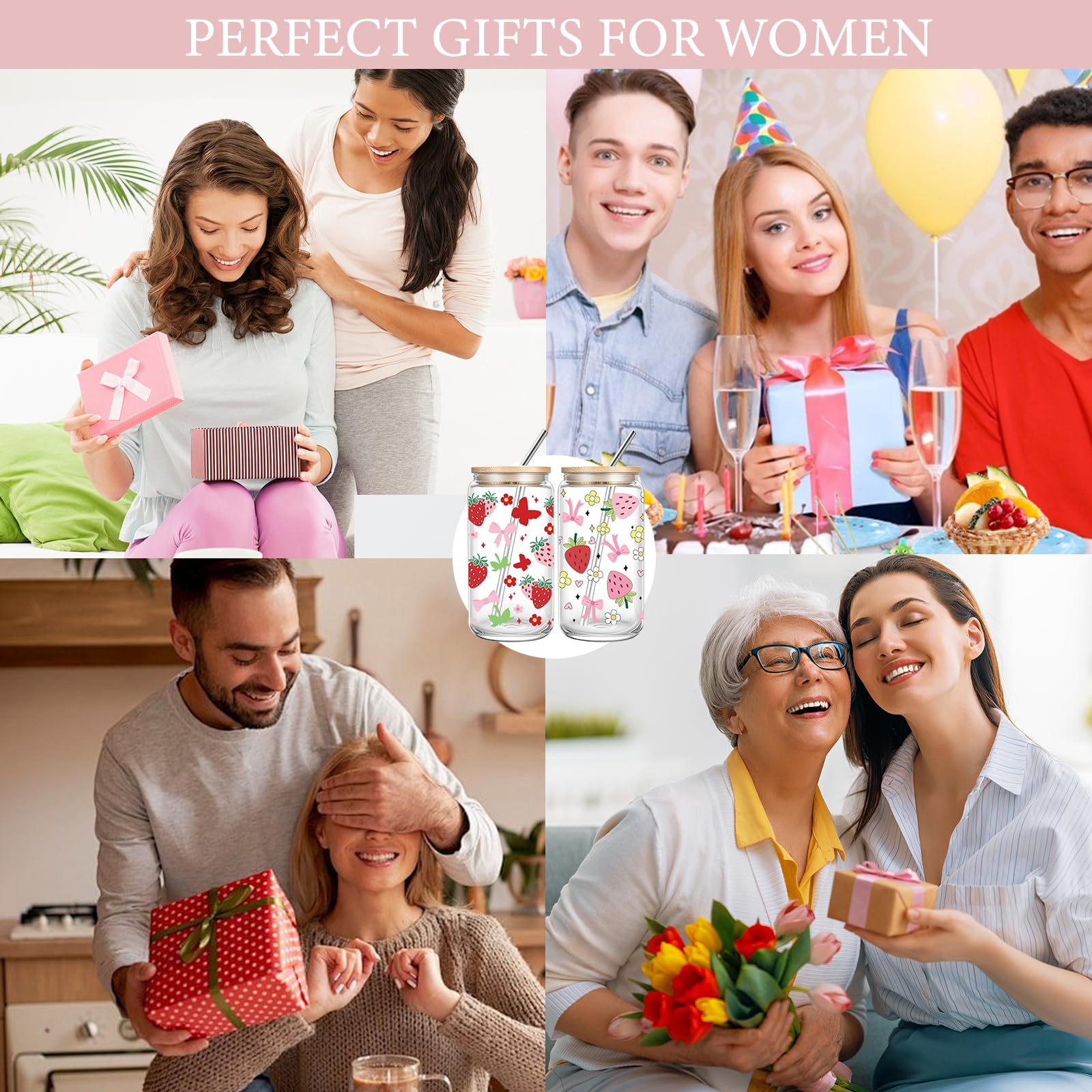 Cute 16oz Glass Cups with Lids and Straws, 2 Pack