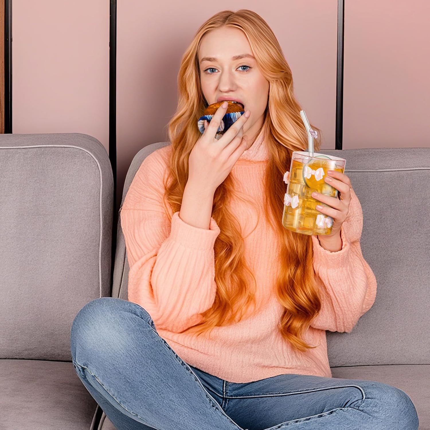 Set of 2 Coquette Aesthetic Bow Glass Cups with Straws 20 oz Reusable Pink Bow Glass Tumbler