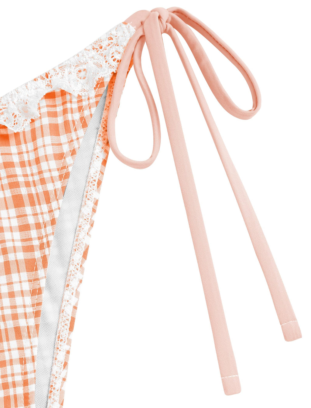 Women's Triangle Bikini Lace Frilled Ruffles Gingham Print Tie Side Spaghetti Strap 2 Pieces Bikini Swimsuit