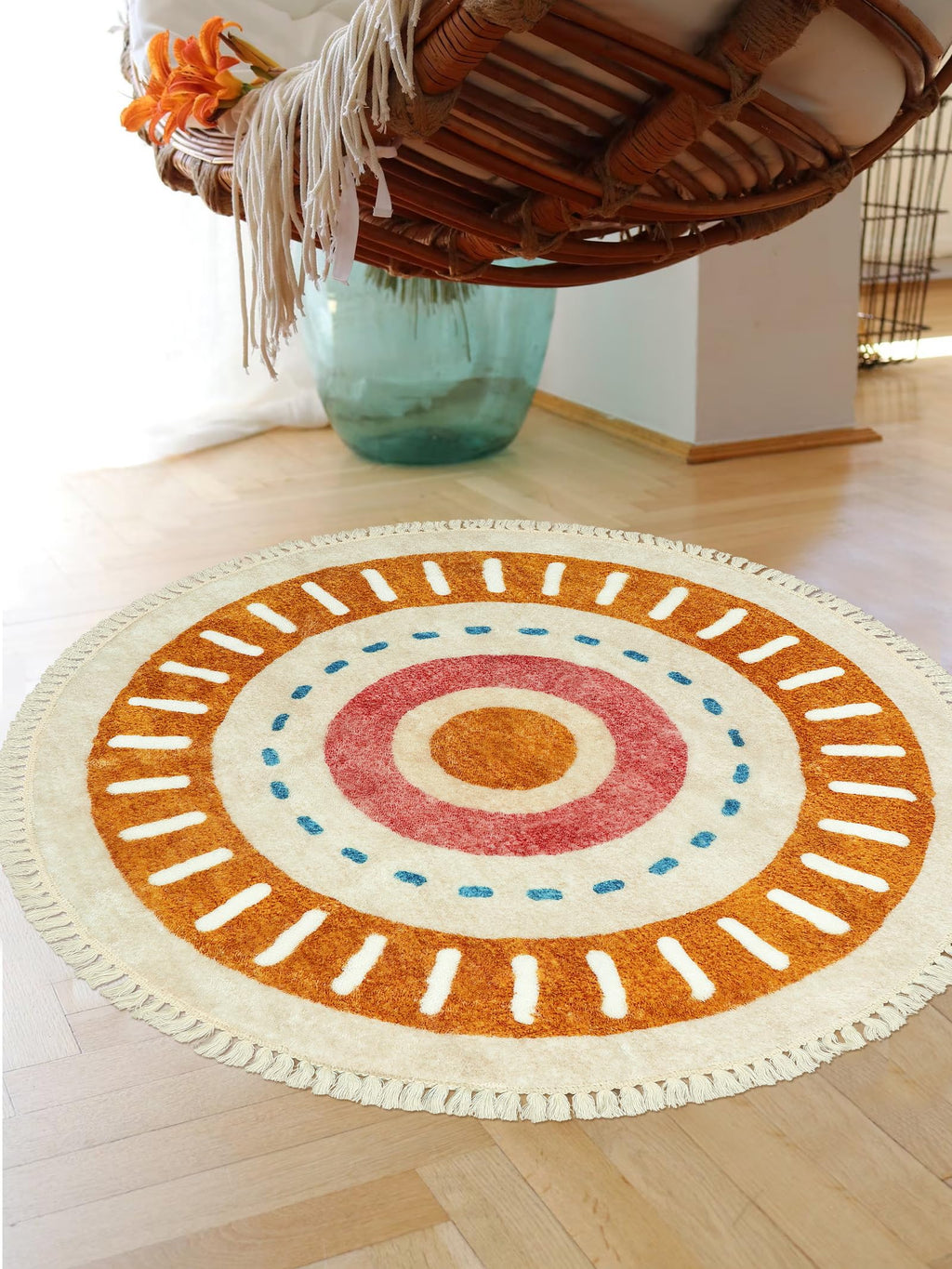 Orange Rainbow Boho Runner Rugs with Fringes, Sun Washable Hallway Runner Rug, Soft Non-Slip Area Rug