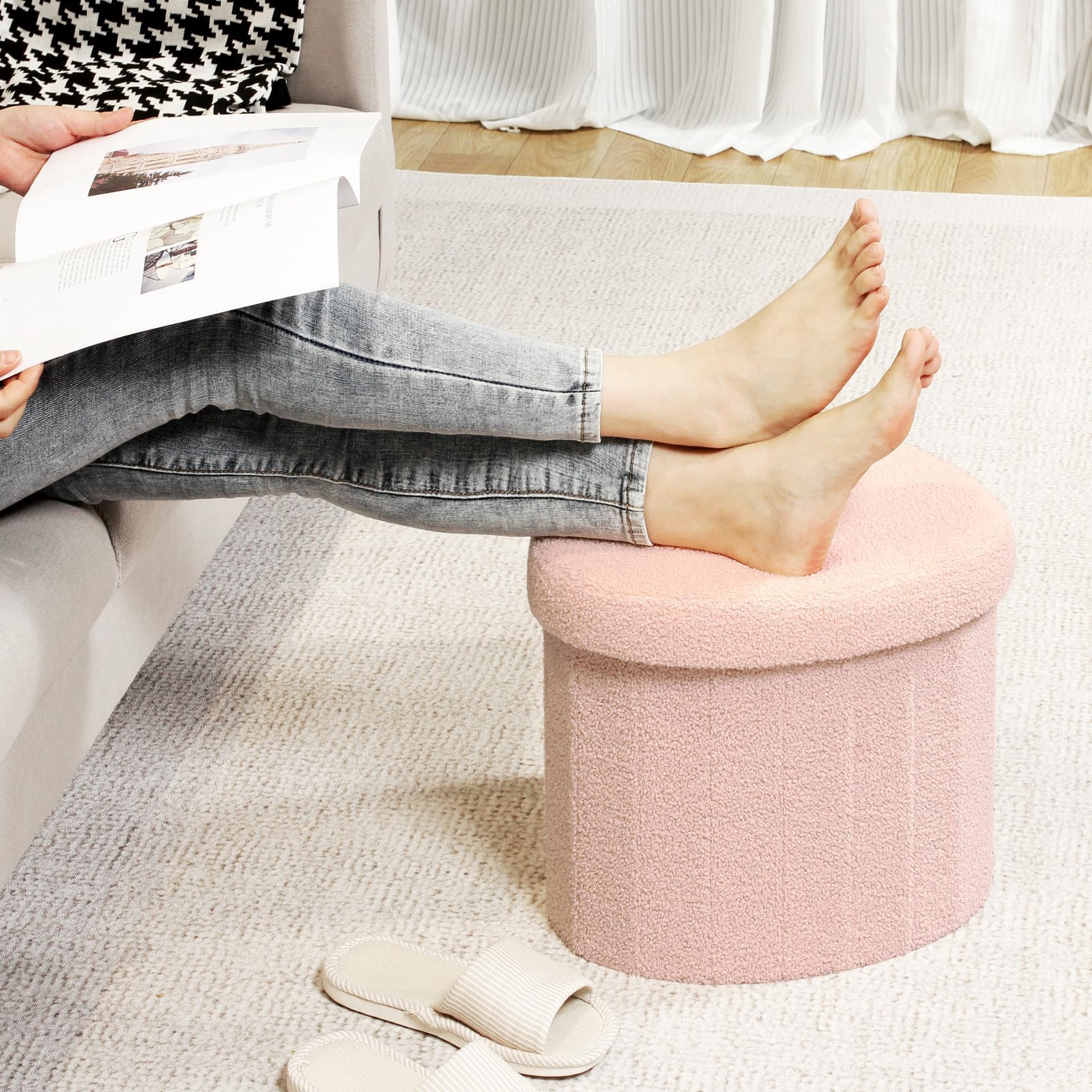 Flower-Shaped Storage Ottoman â€?Boucle Footstool & Seat for Living Room & Dorm