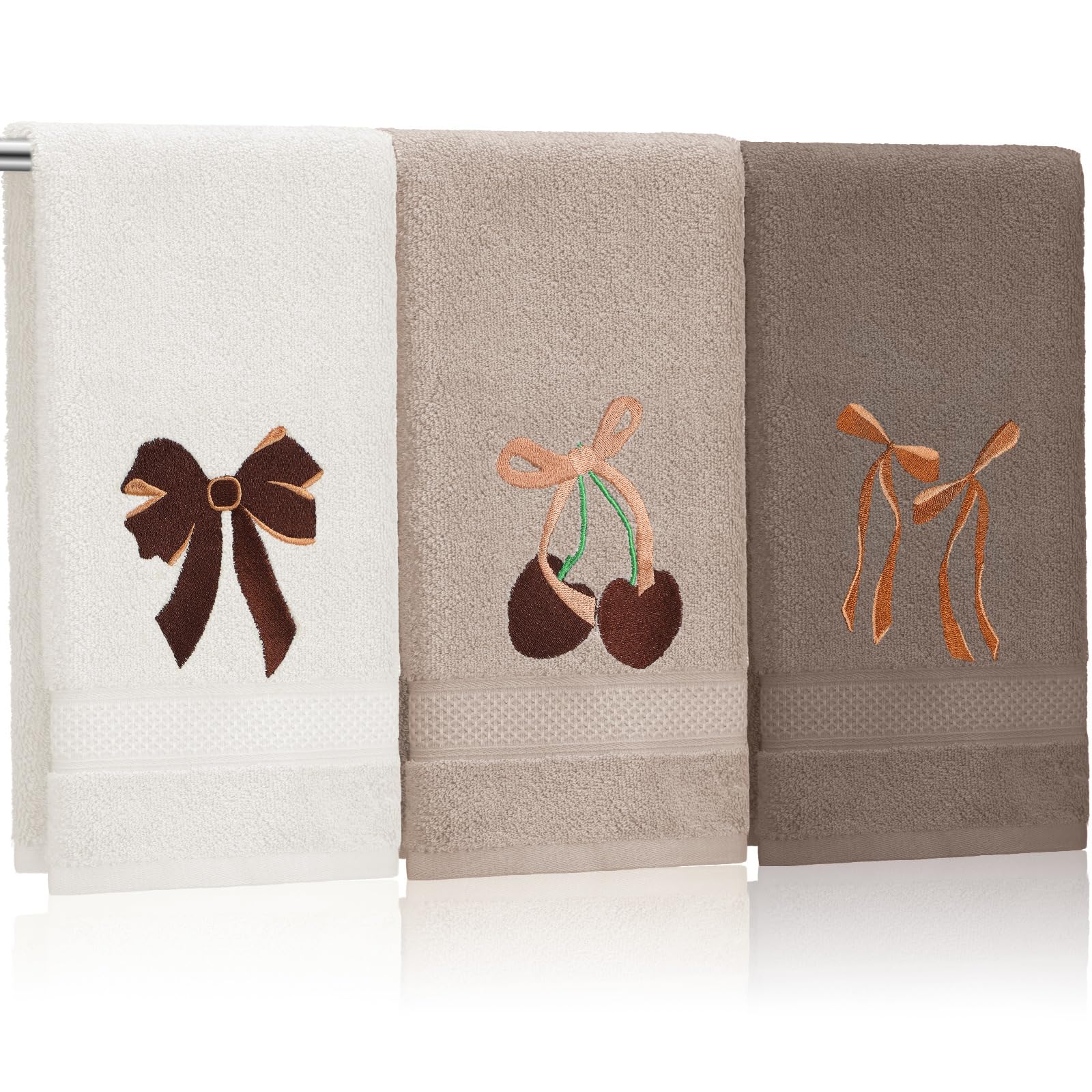 Coquette Bow Embroidered Decorative Towel 100% Cotton Soft Absorbent Kitchen Facecloth Preppy Bathroom Decor 3 Pcs, 13.7 x 29.5''