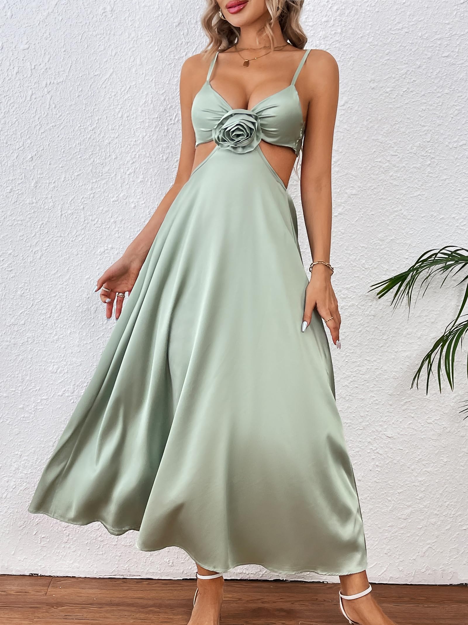 Women Satin Slip Padded Long Dress V Neck Adjustable Straps Backless Party Casual Dress 3D Flower Sundress