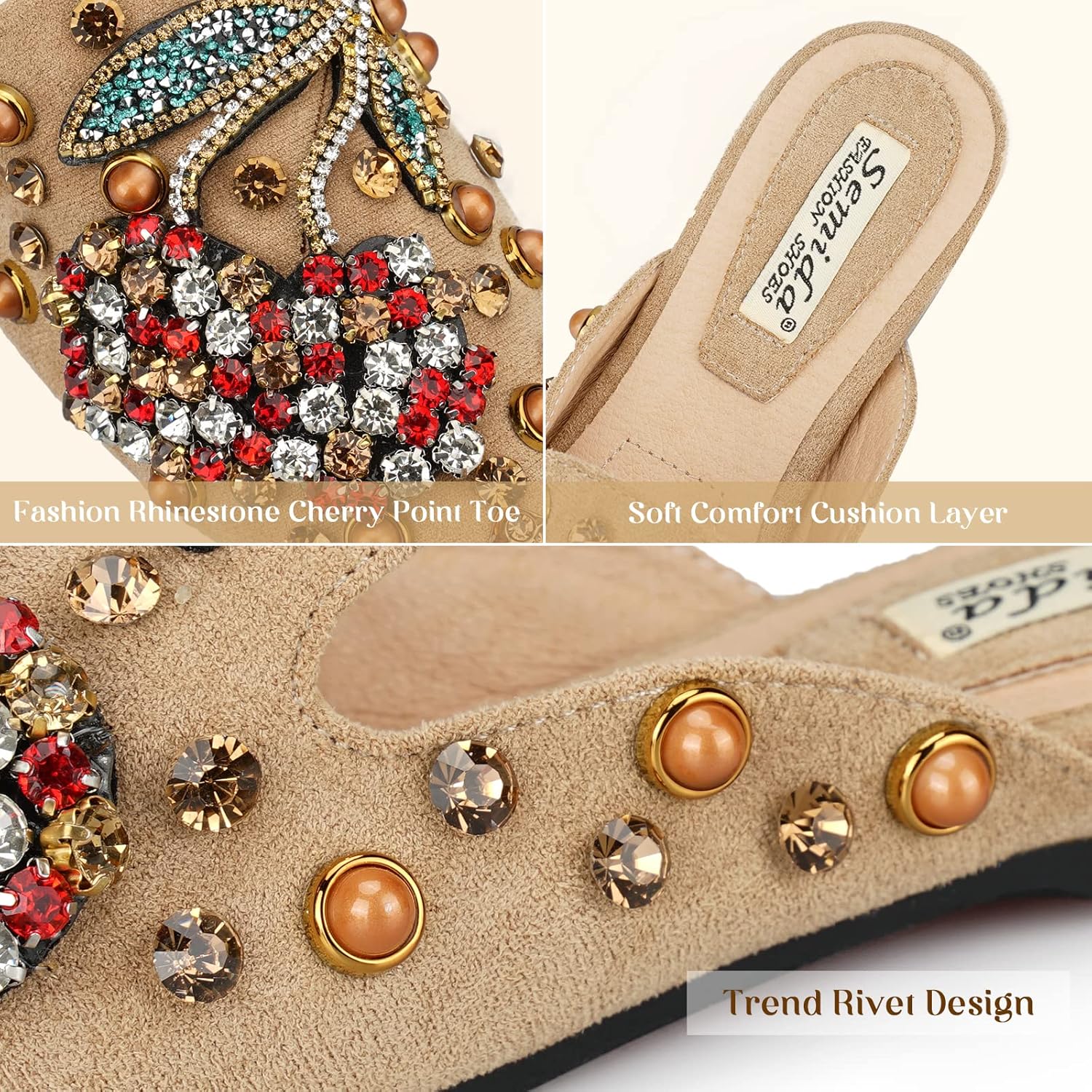 Mules for Women Flats Comfortable Soft Memory Foam Insole Pointed Rivet Mule Shoes