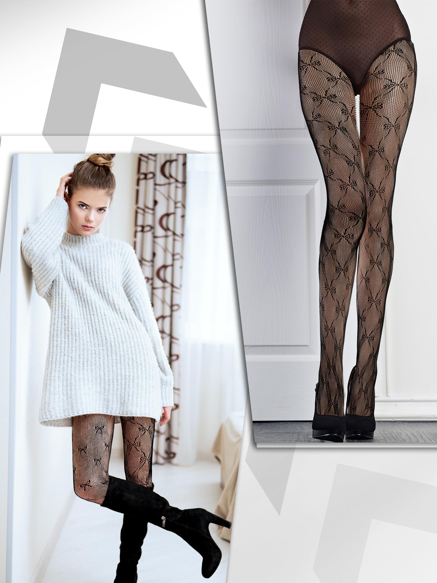 Coquettish 6 Pairs Women Fishnet Thigh High Stockings Waist Tights Bow Patterned lace Fishnet Leggings Pantyhose